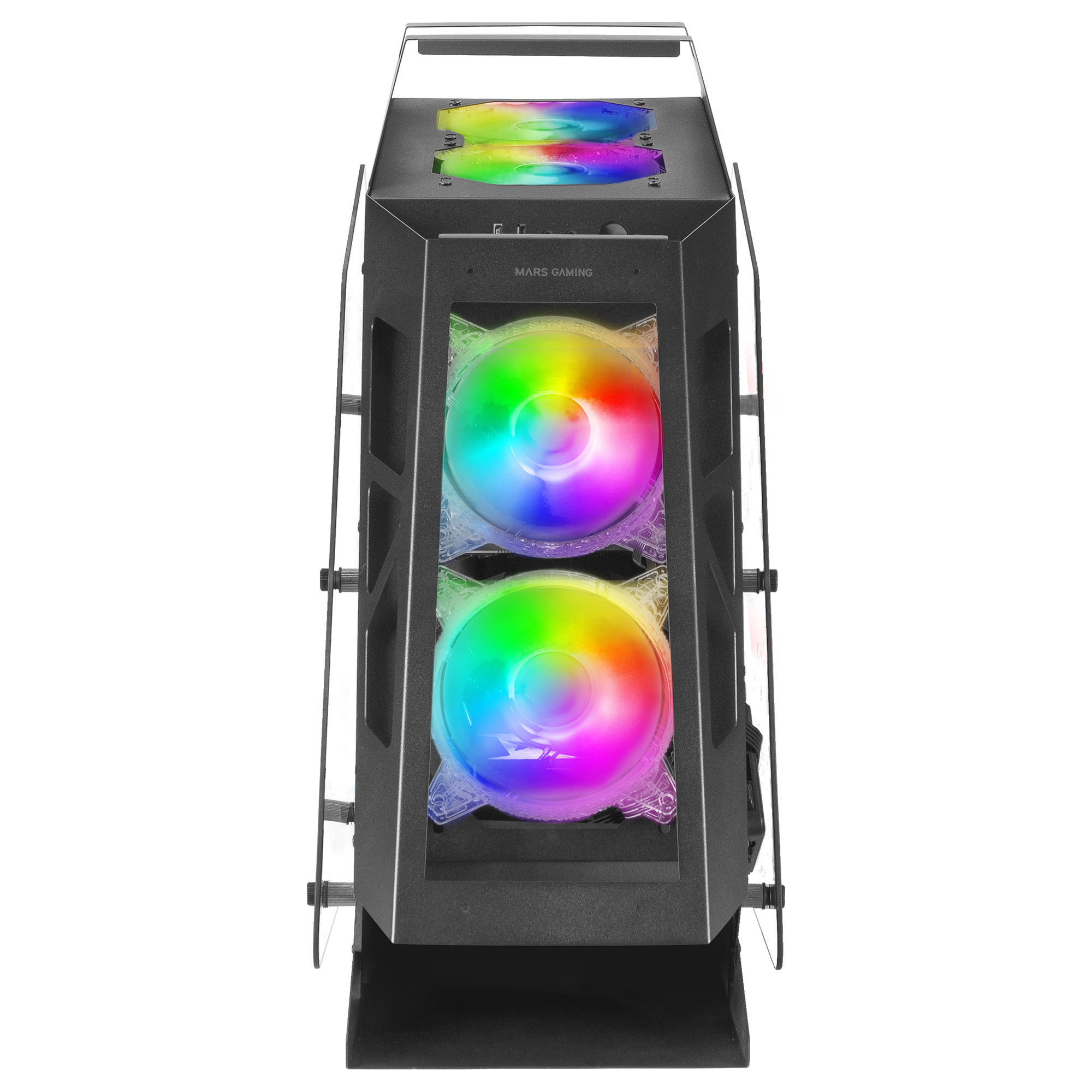 Una caja de ordenador negra con dos ventiladores RGB y frontal de cristal.