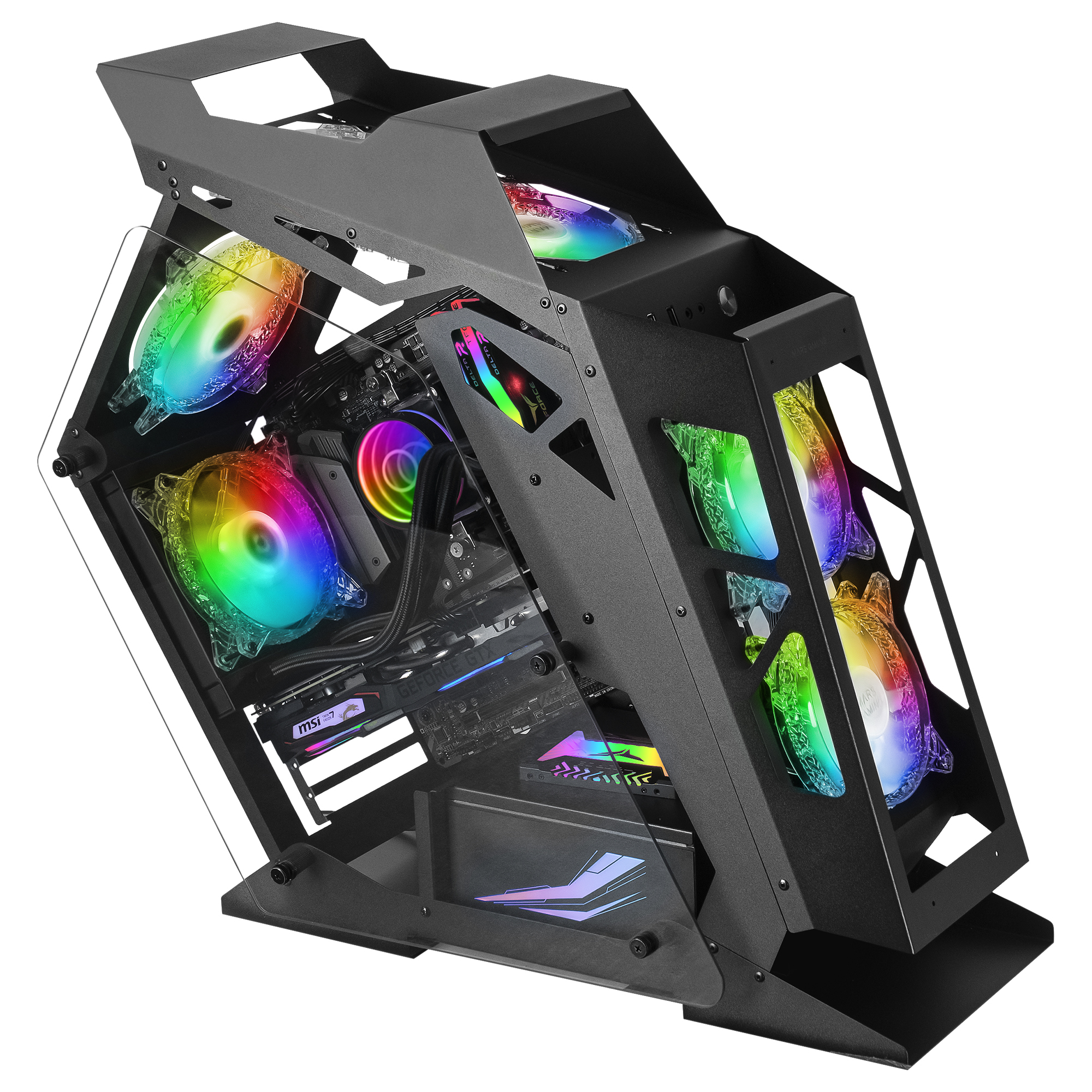 Caja de ordenador negra en ángulo con ventiladores RGB y componentes visibles en el interior.
