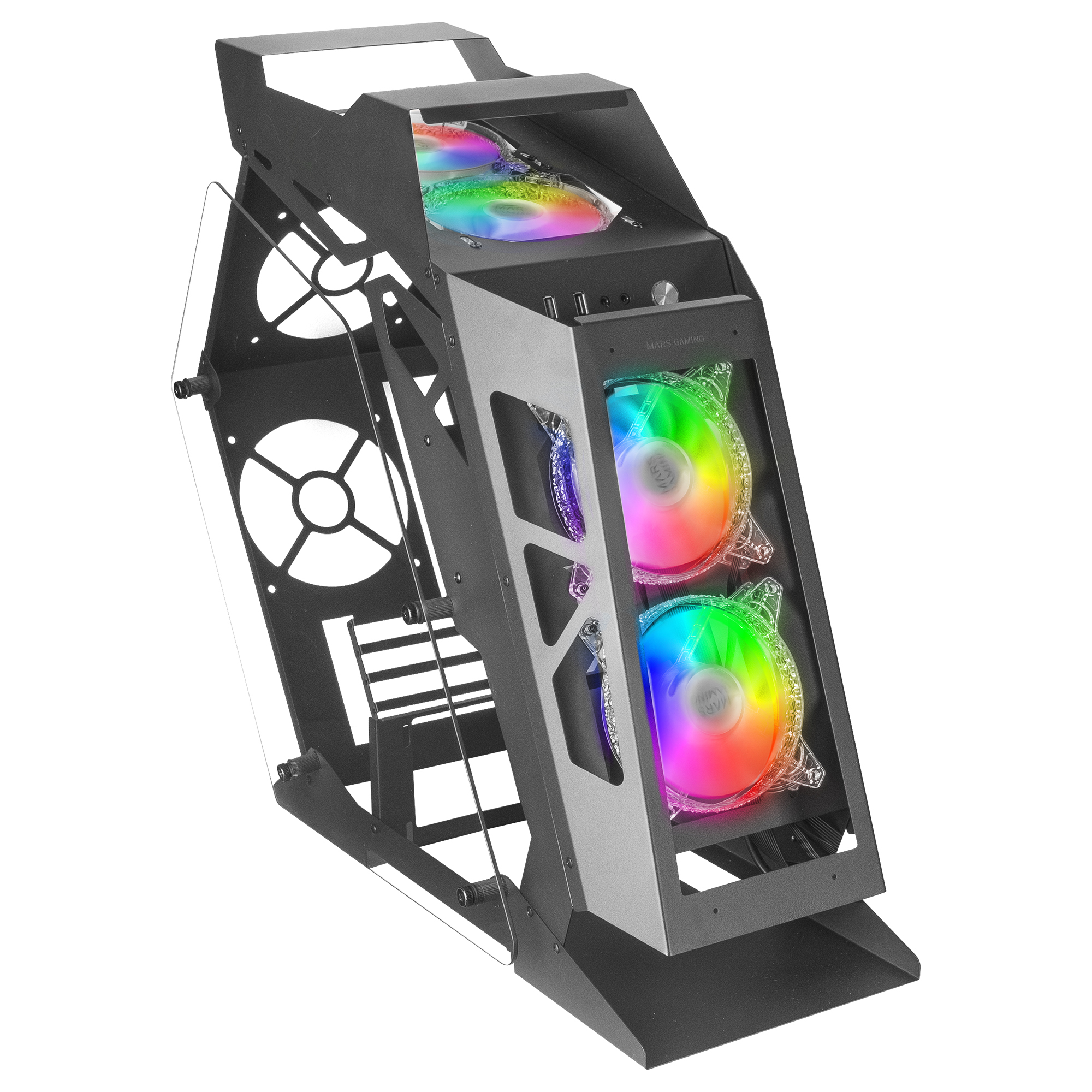 Caja de ordenador negra con luces de ventilador coloridas y lateral transparente, vista angular.