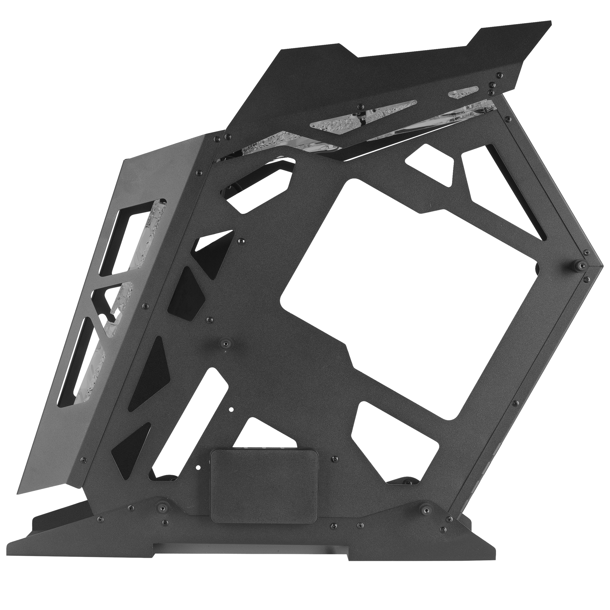 Marco de caja de PC negro con interior abierto y diseño geométrico.
