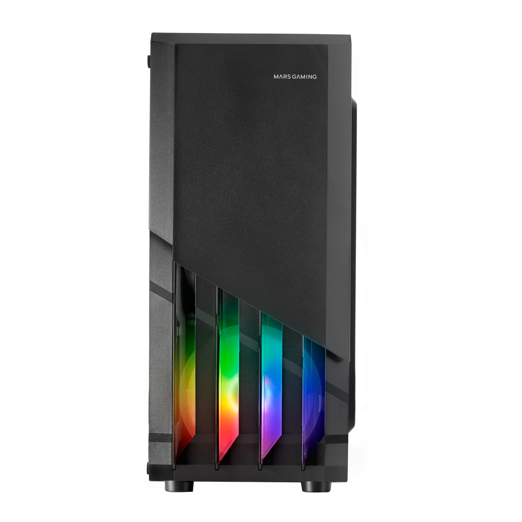 Case per computer nero con MARS GAMING sul davanti. Le luci RGB brillano attraverso il pannello frontale.
