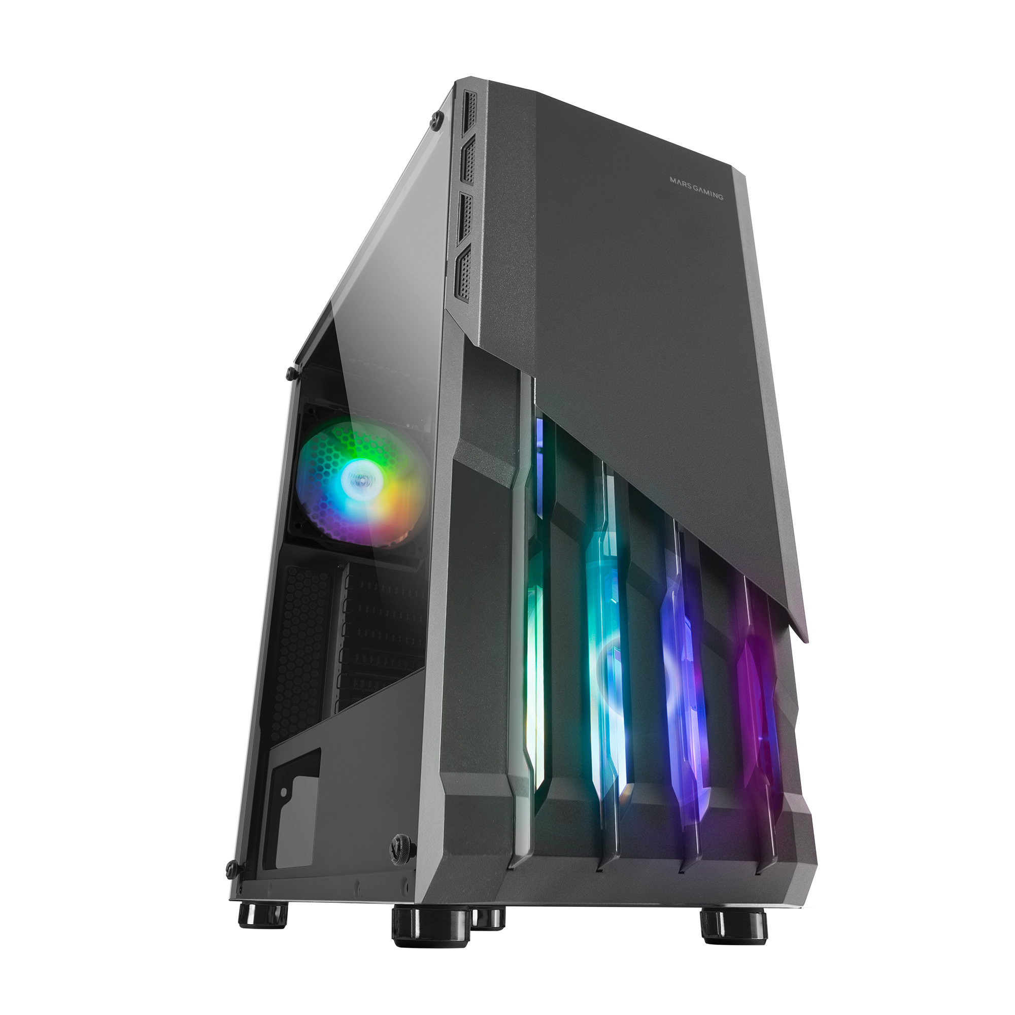 Case per computer nero con MARS GAMING sul davanti. Sono visibili luci RGB e una ventola laterale.