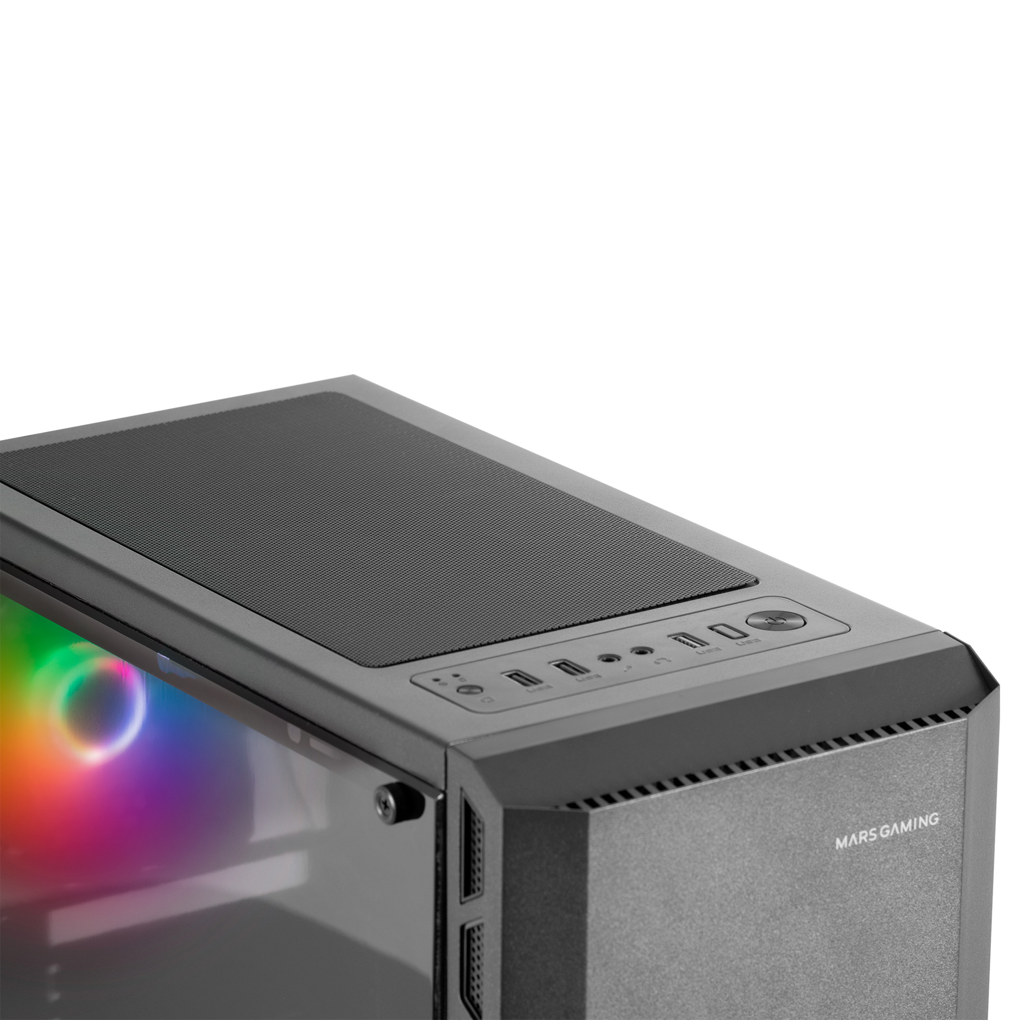 Case per computer nero con MARS GAMING in alto. Porte USB e pulsanti sono in alto.
