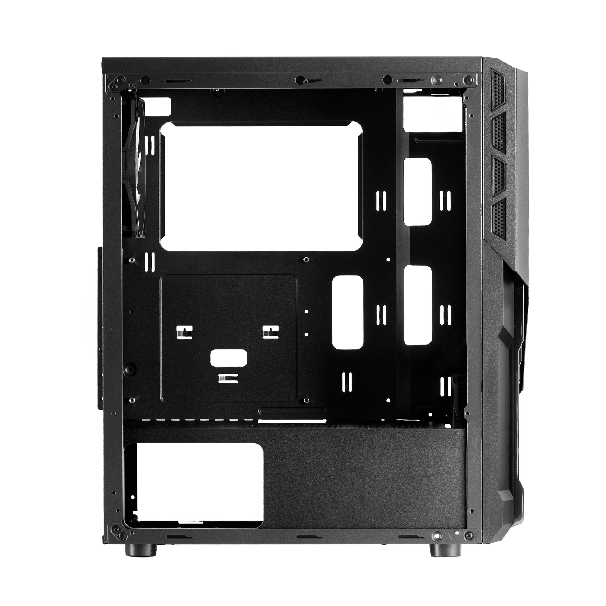 Interno del case per computer nero. Mostra il telaio vuoto con spazio per i componenti.