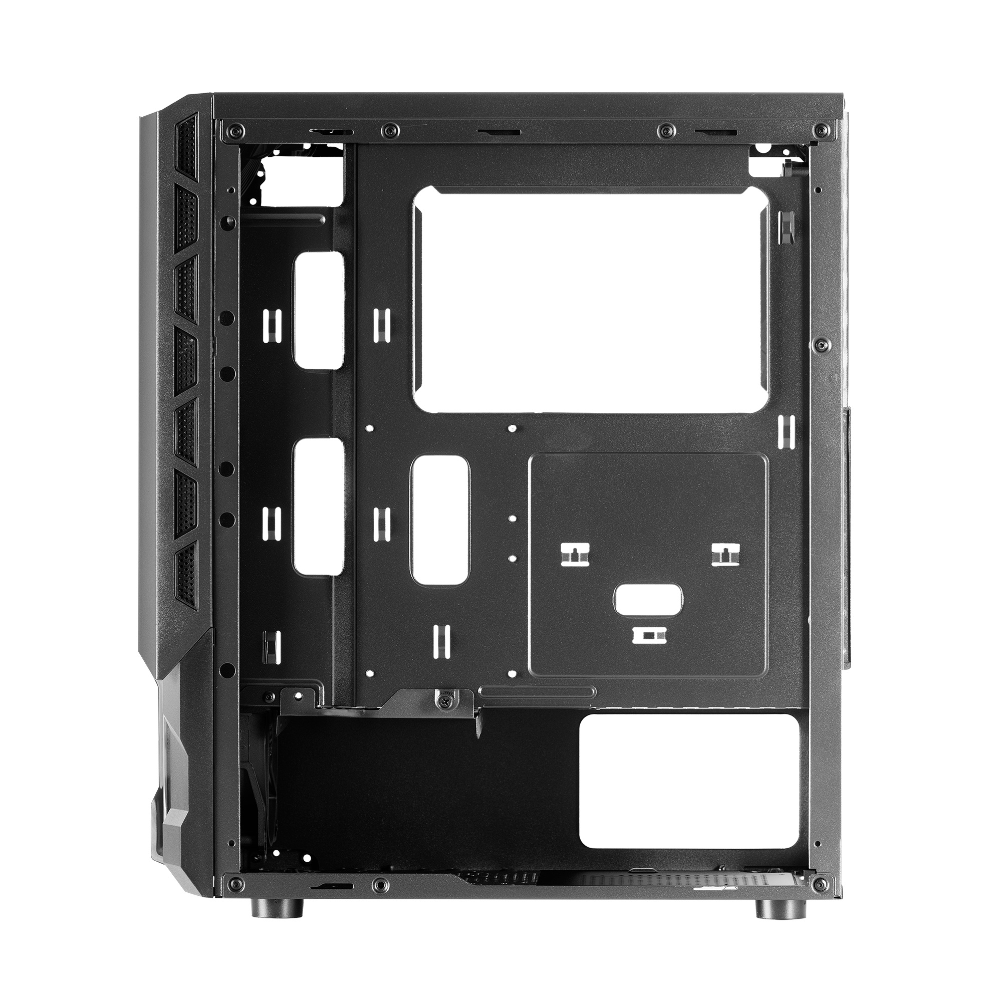 Interno del case per PC nero, vuoto, con vari punti di montaggio e sfondo bianco.