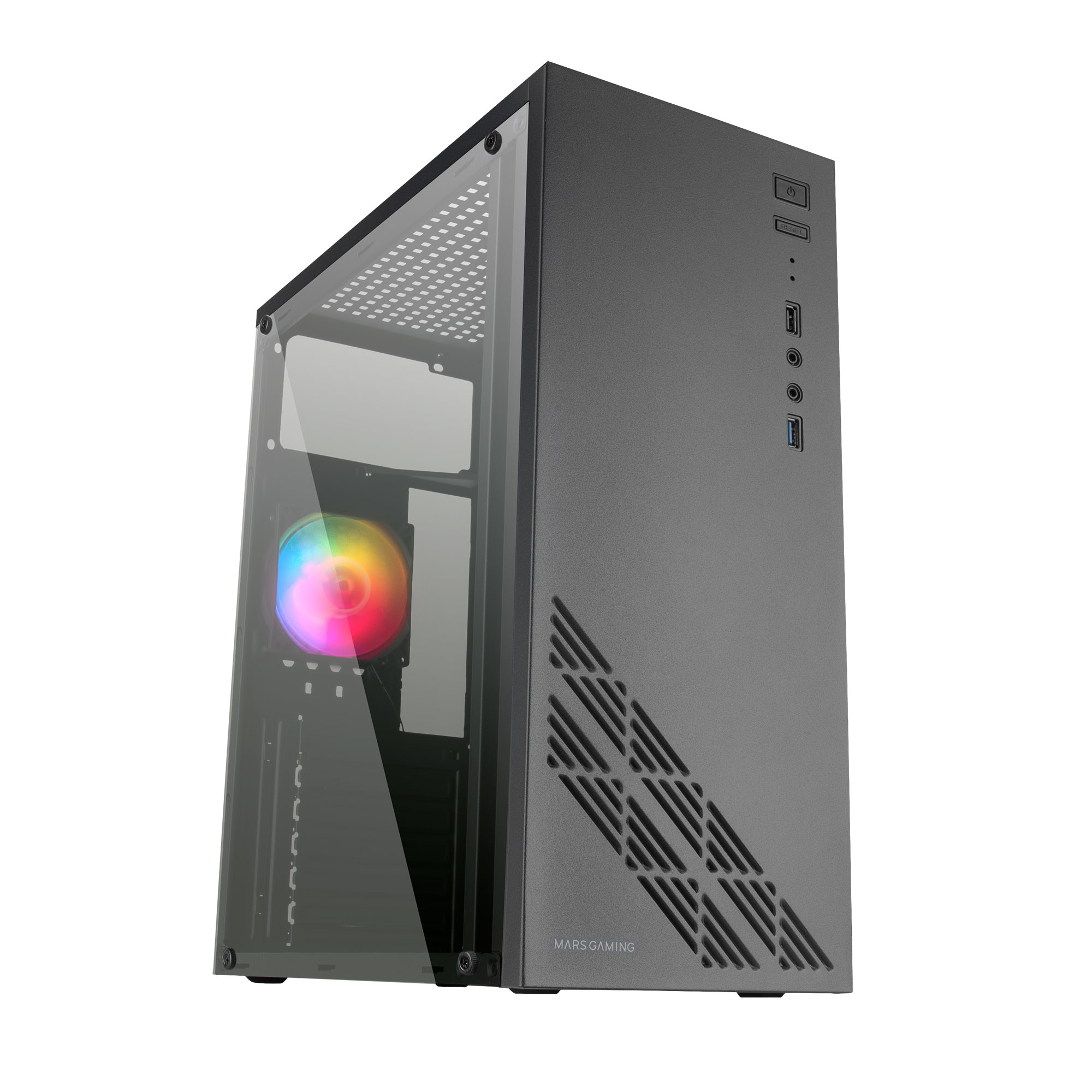 Case PC nero con pannello laterale in vetro. Ha una ventola e luci RGB. Design del pannello frontale.