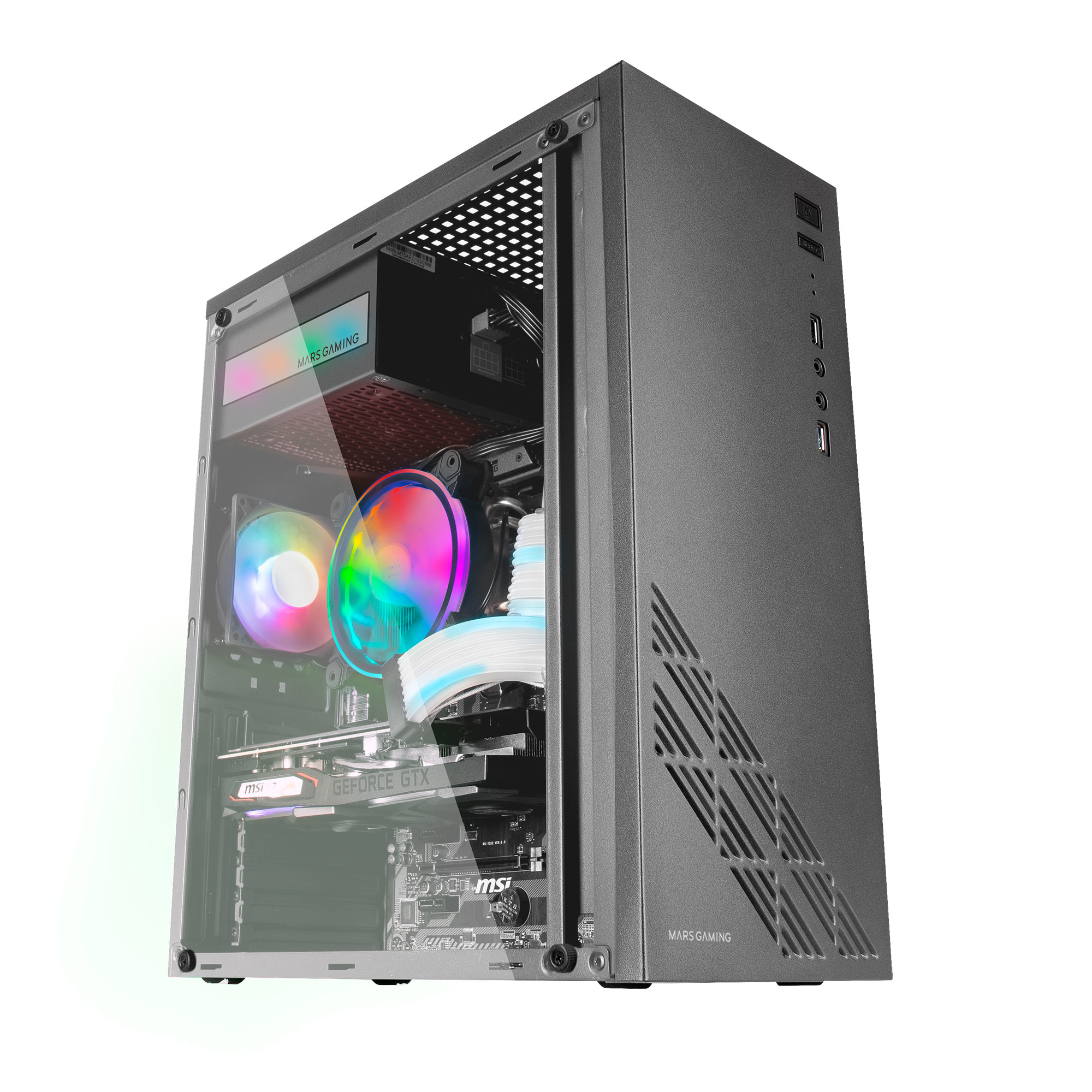 Case per computer nero con pannello in vetro che mostra componenti interni e ventole RGB. Logo Mars Gaming.