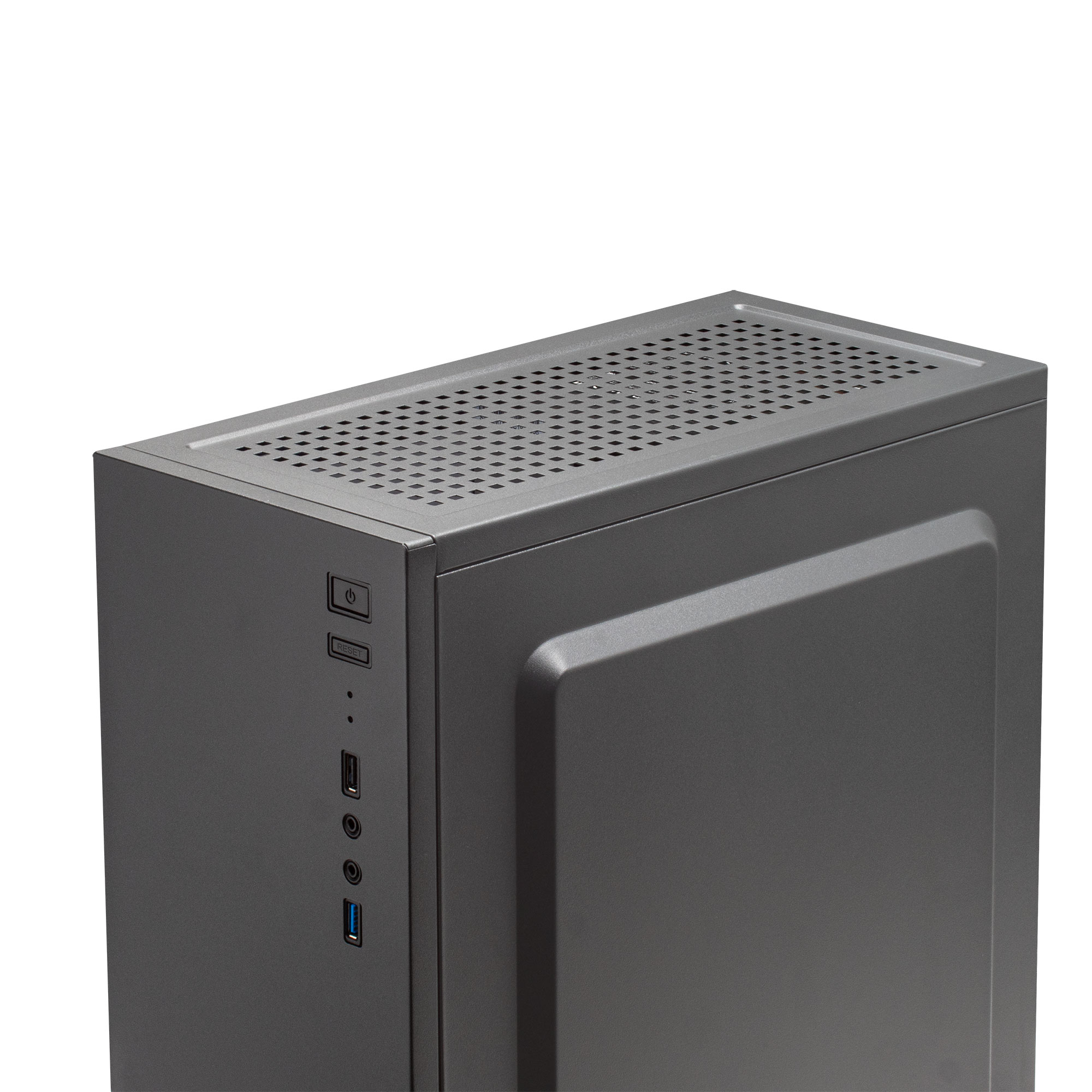 Primo piano di un case per computer grigio scuro. Mostra il pulsante di accensione, le porte USB e la ventilazione.