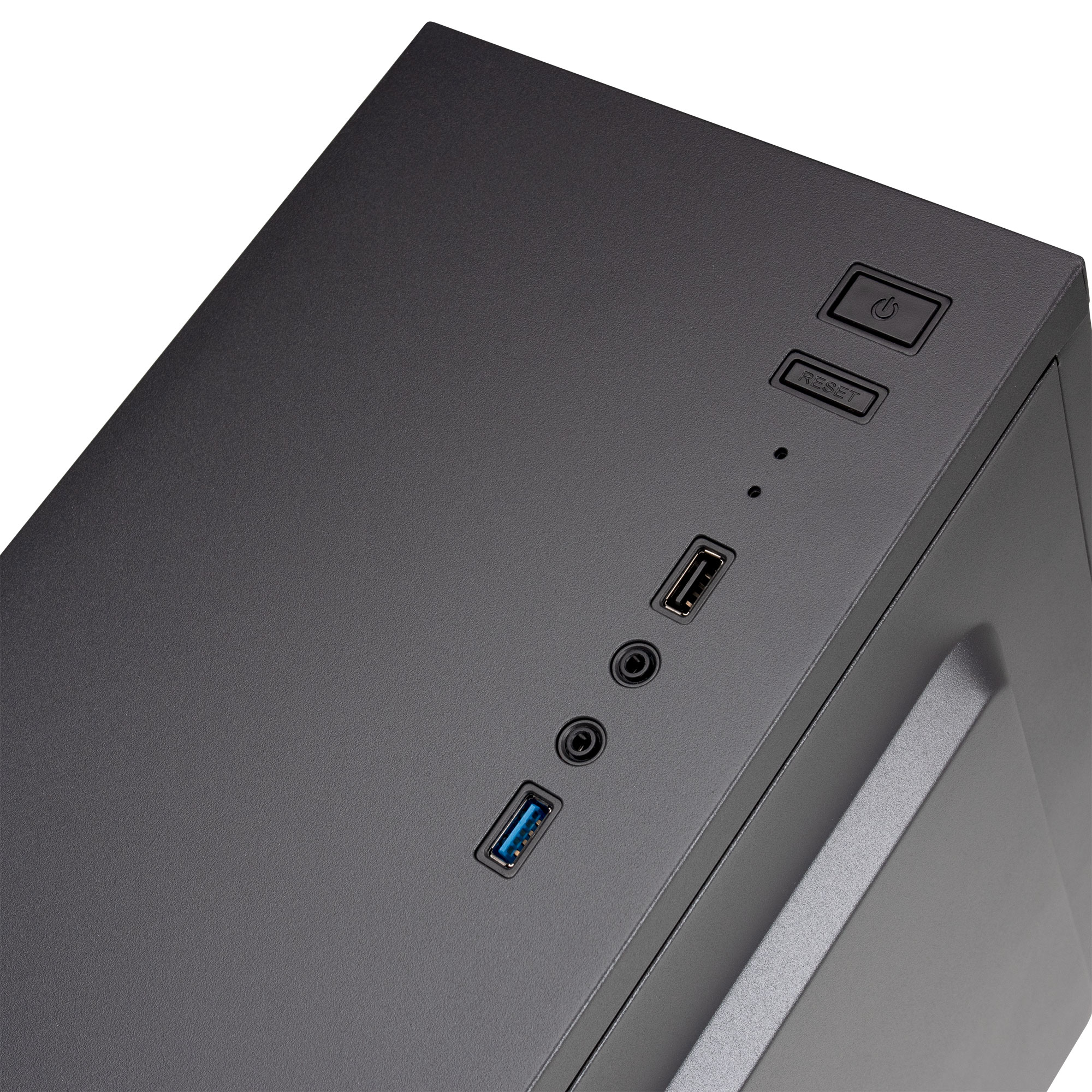 Parte superiore di un case del computer nero con pulsanti di accensione e ripristino, porte USB e jack audio.