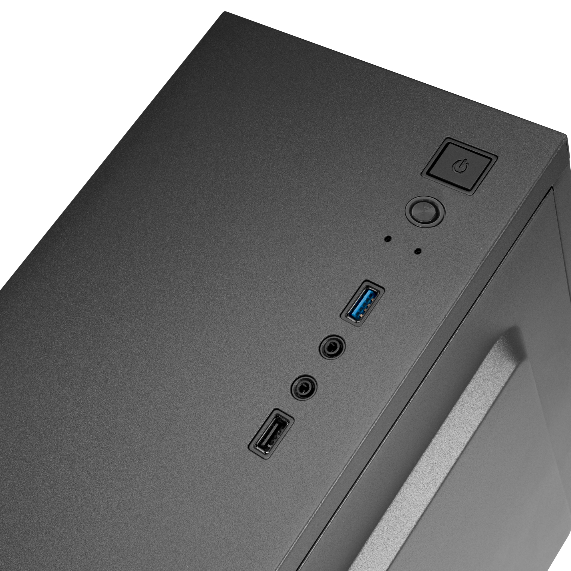 Parte superior de la caja de la computadora negra con botón de encendido, puertos USB y conectores de audio.