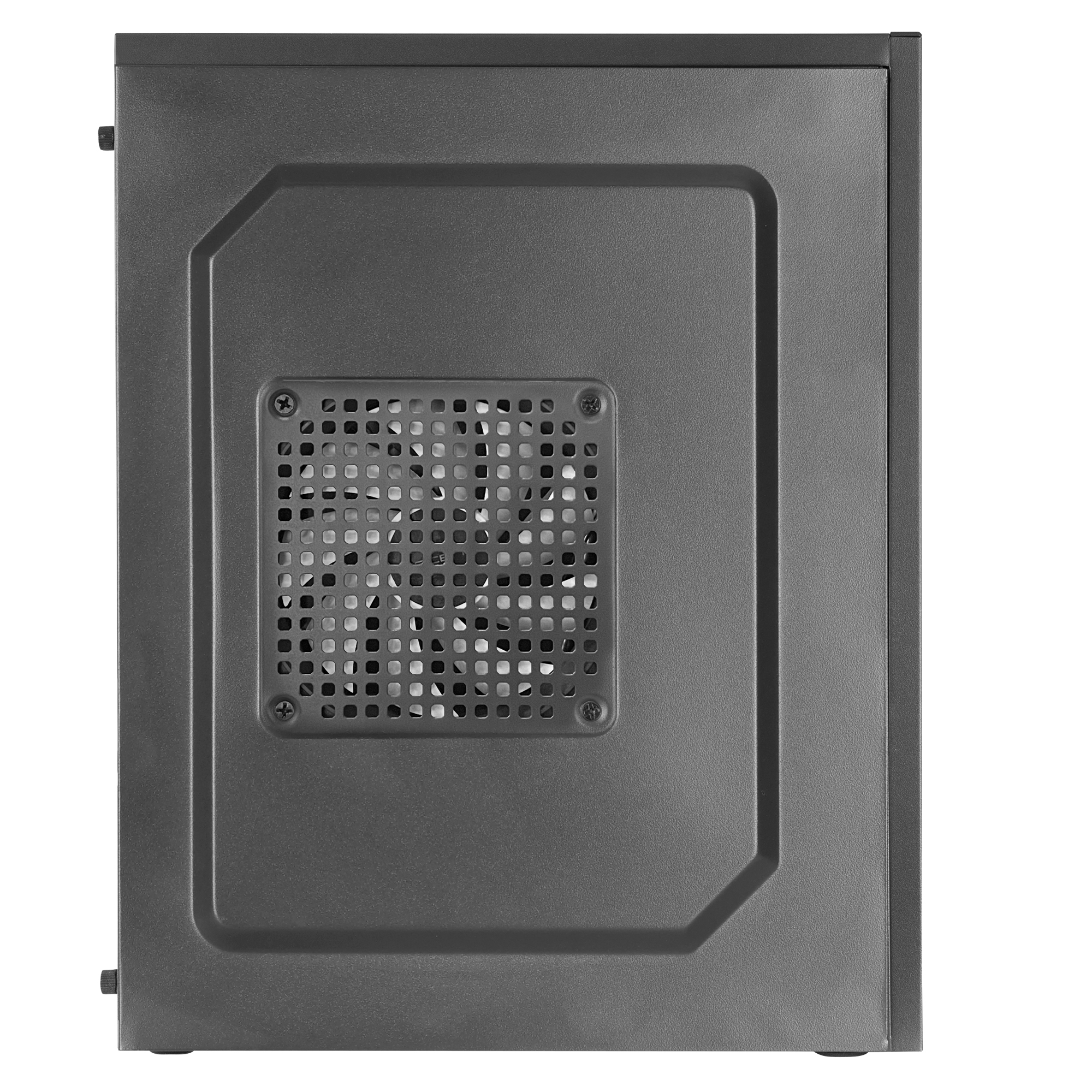 Panel lateral de una carcasa de ordenador gris oscuro con una rejilla de ventilación y un recorte cuadrado para un ventilador.
