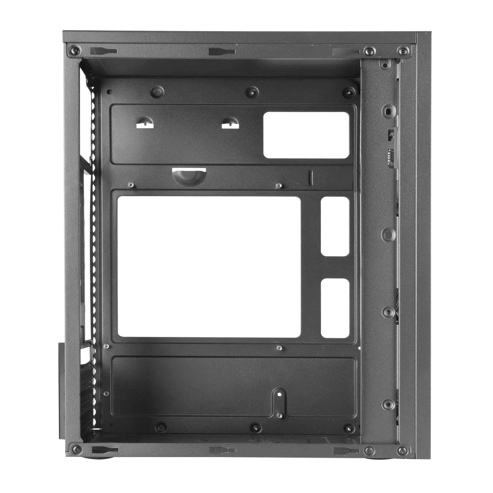 Interior de una caja de ordenador negra con espacio abierto. Tiene puntos de montaje y una abertura clara.