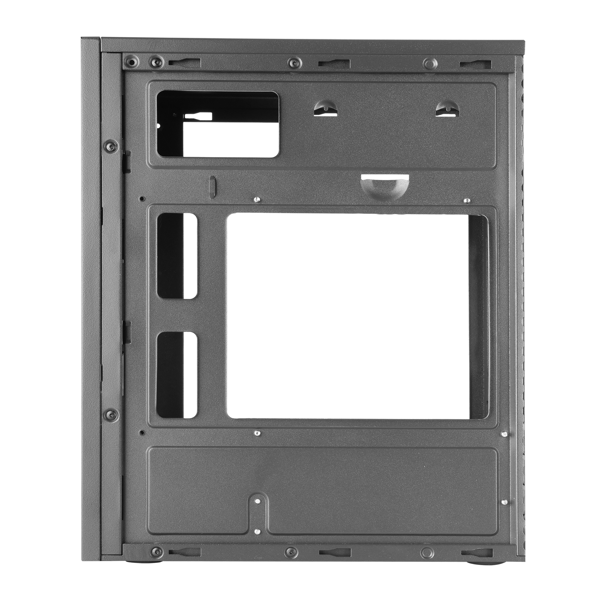 El interior de una caja de ordenador negra, que muestra el marco y los espacios vacíos.