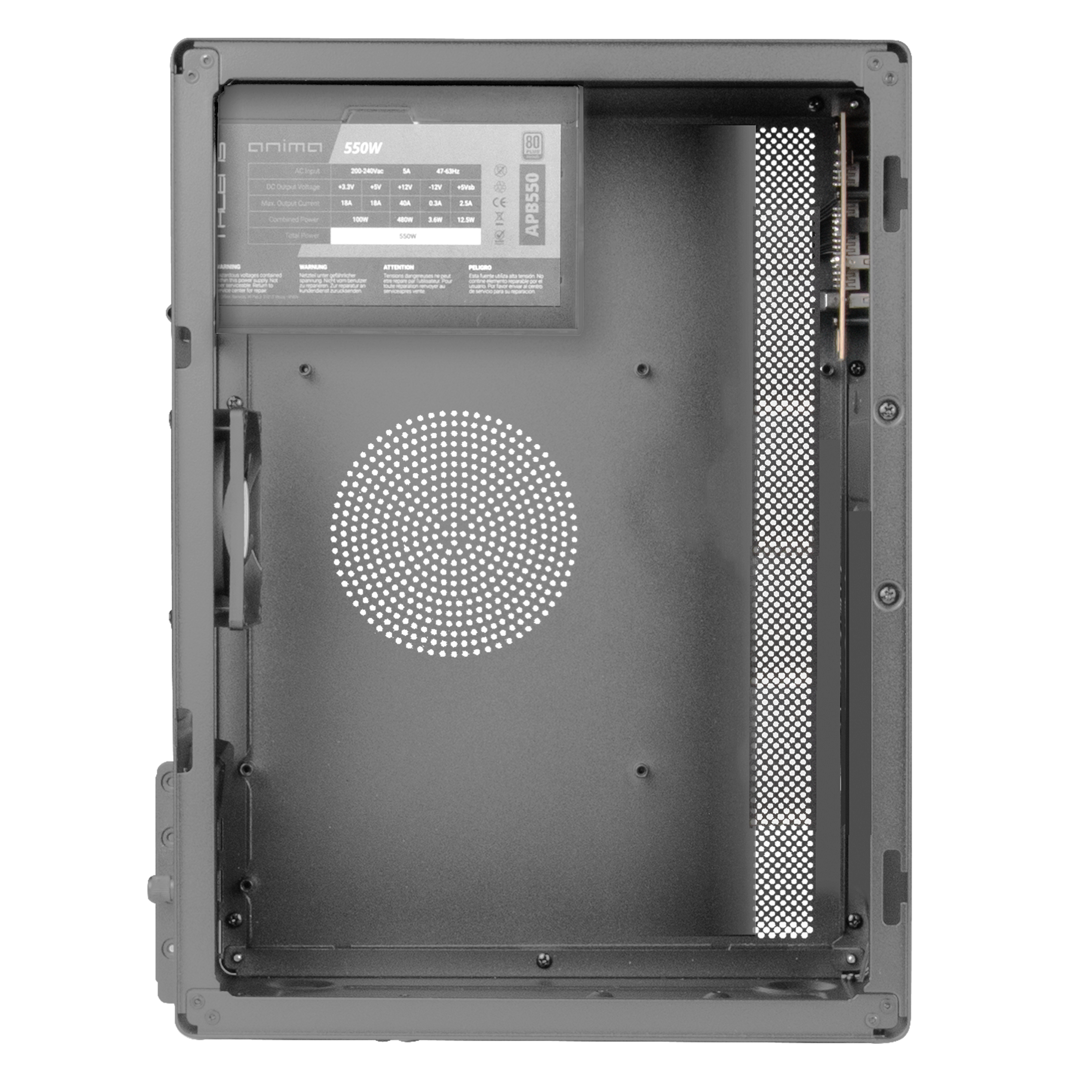 All'interno del case PC, un alimentatore, una ventola e una scheda madre parzialmente visibile.