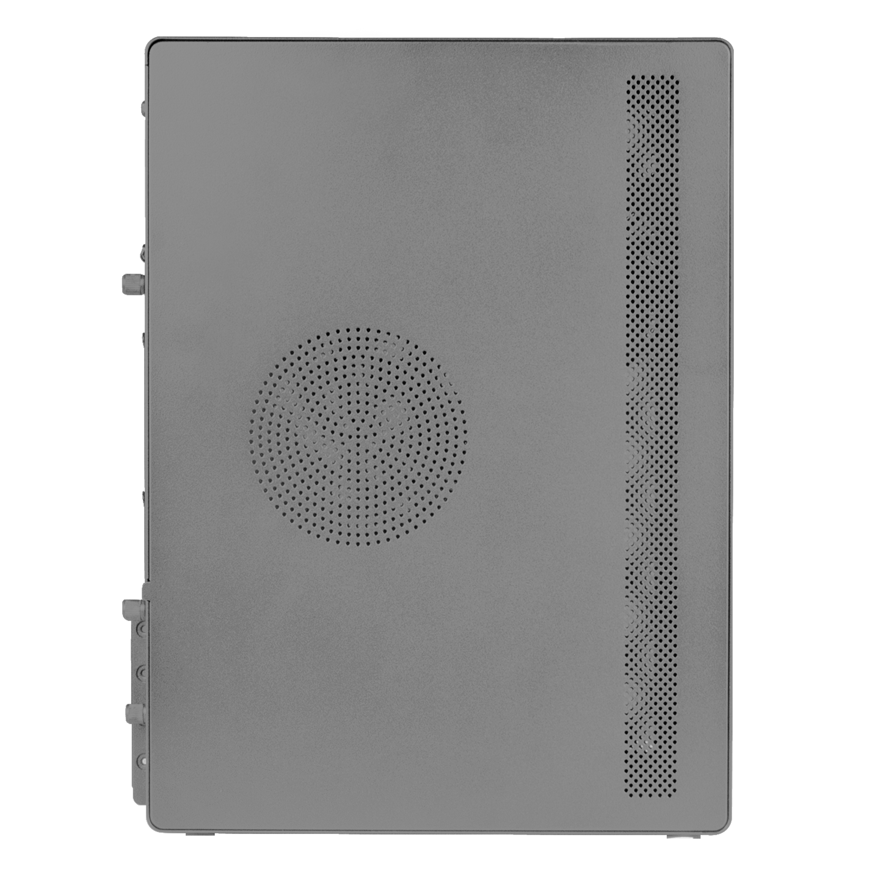 Case per computer grigio, vista dall'alto, con fori di ventilazione e un altoparlante circolare.