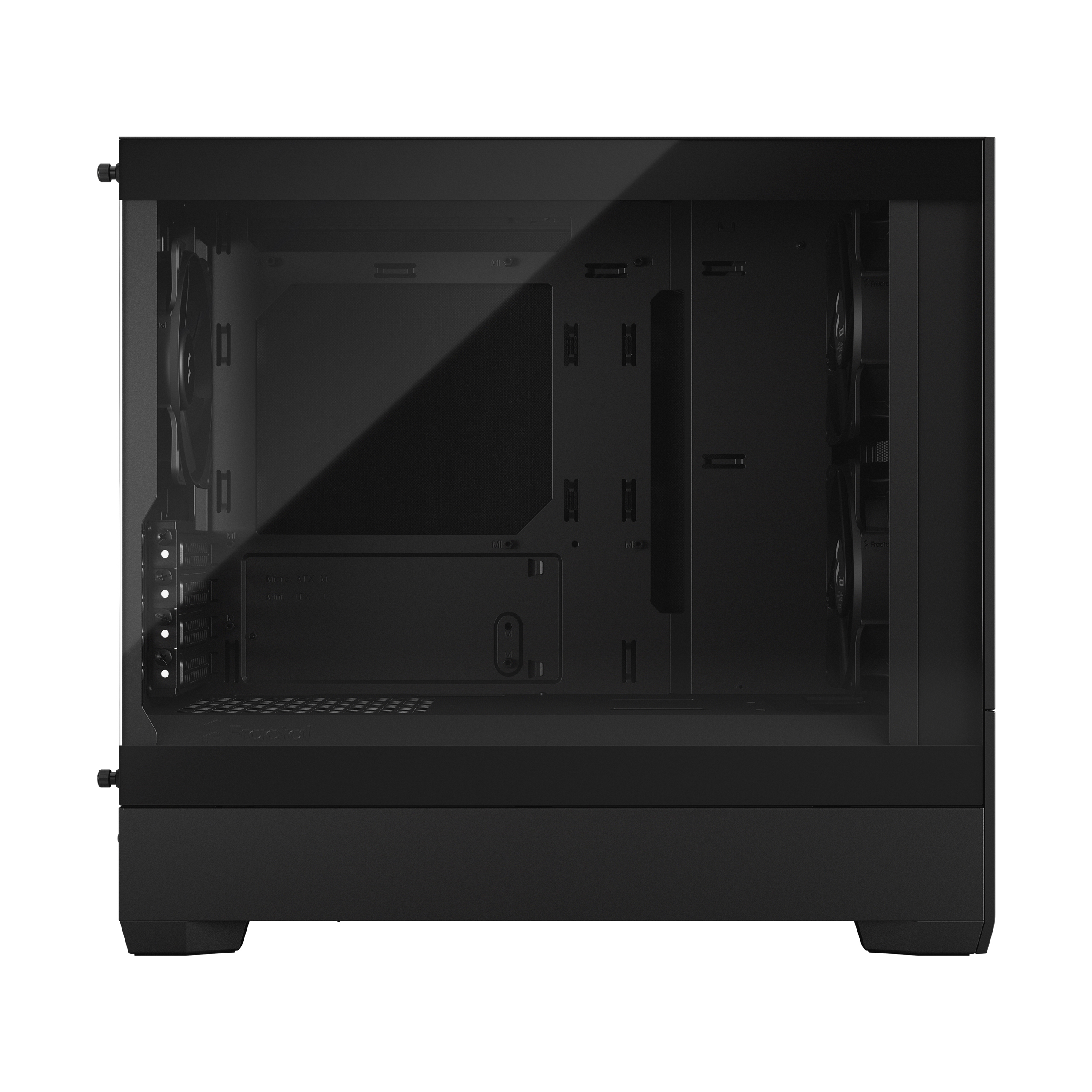 Interno di un case per PC nero. Nessun componente visibile, solo spazio vuoto. Lato vetro.