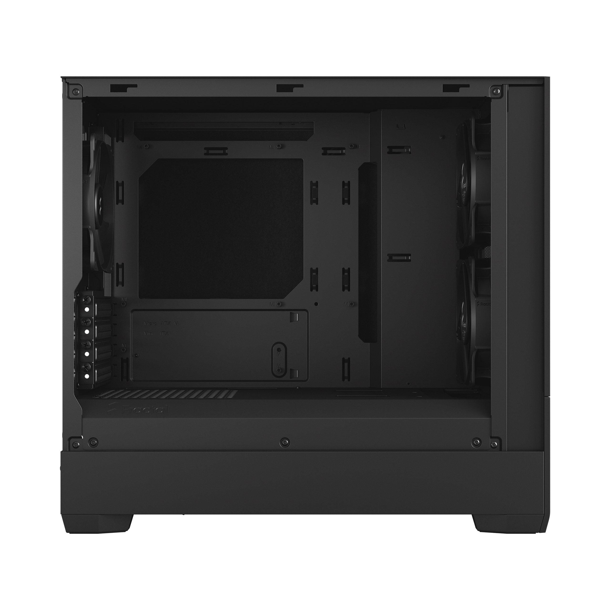 Interno del case per computer nero. Mostra lo spazio vuoto per componenti, ventole e hardware di montaggio.