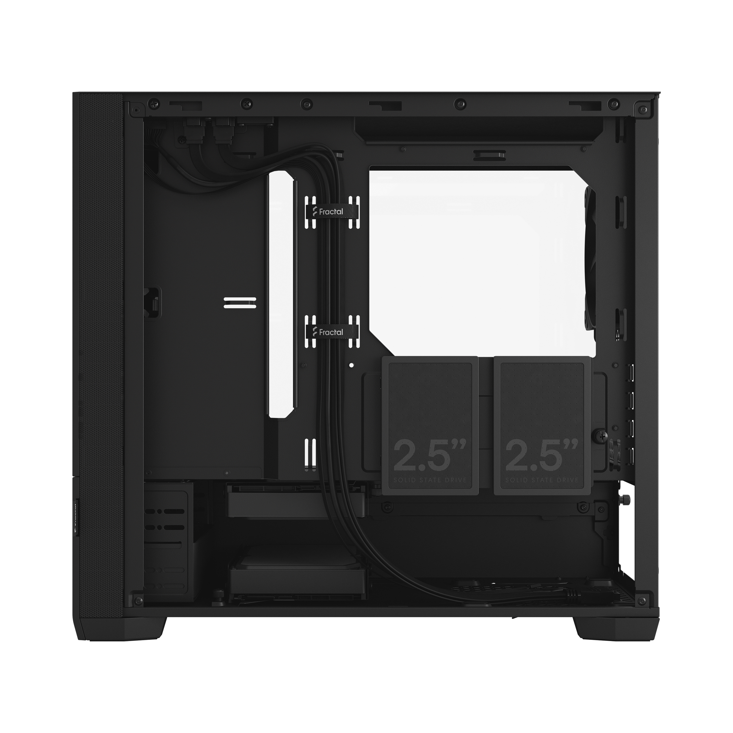 Vista interna di un case per computer nero. Mostra lo spazio per componenti, cablaggio e archiviazione.