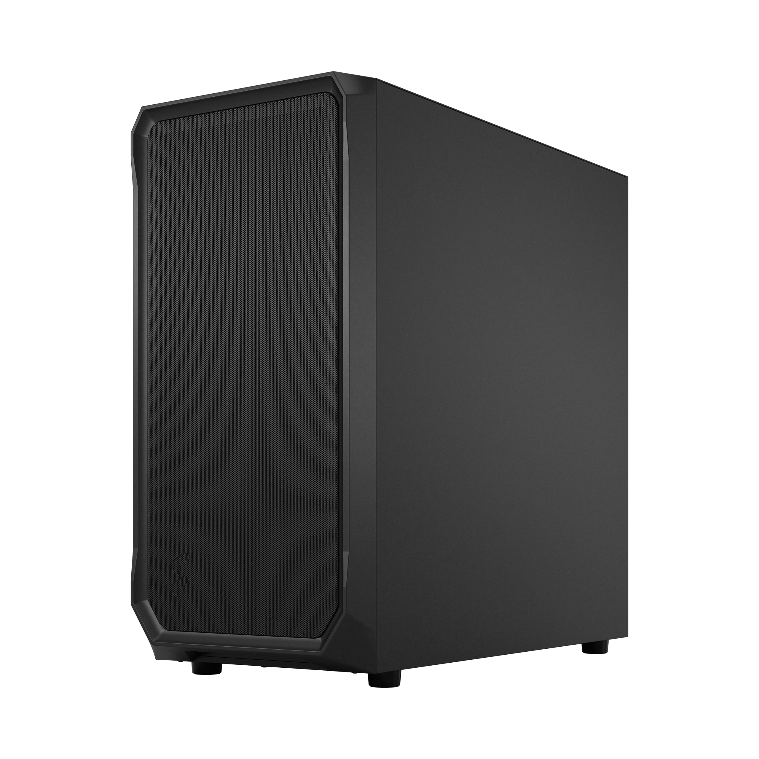 Black computer case with a mesh front panel. The case has clean lines and a minimalist design.