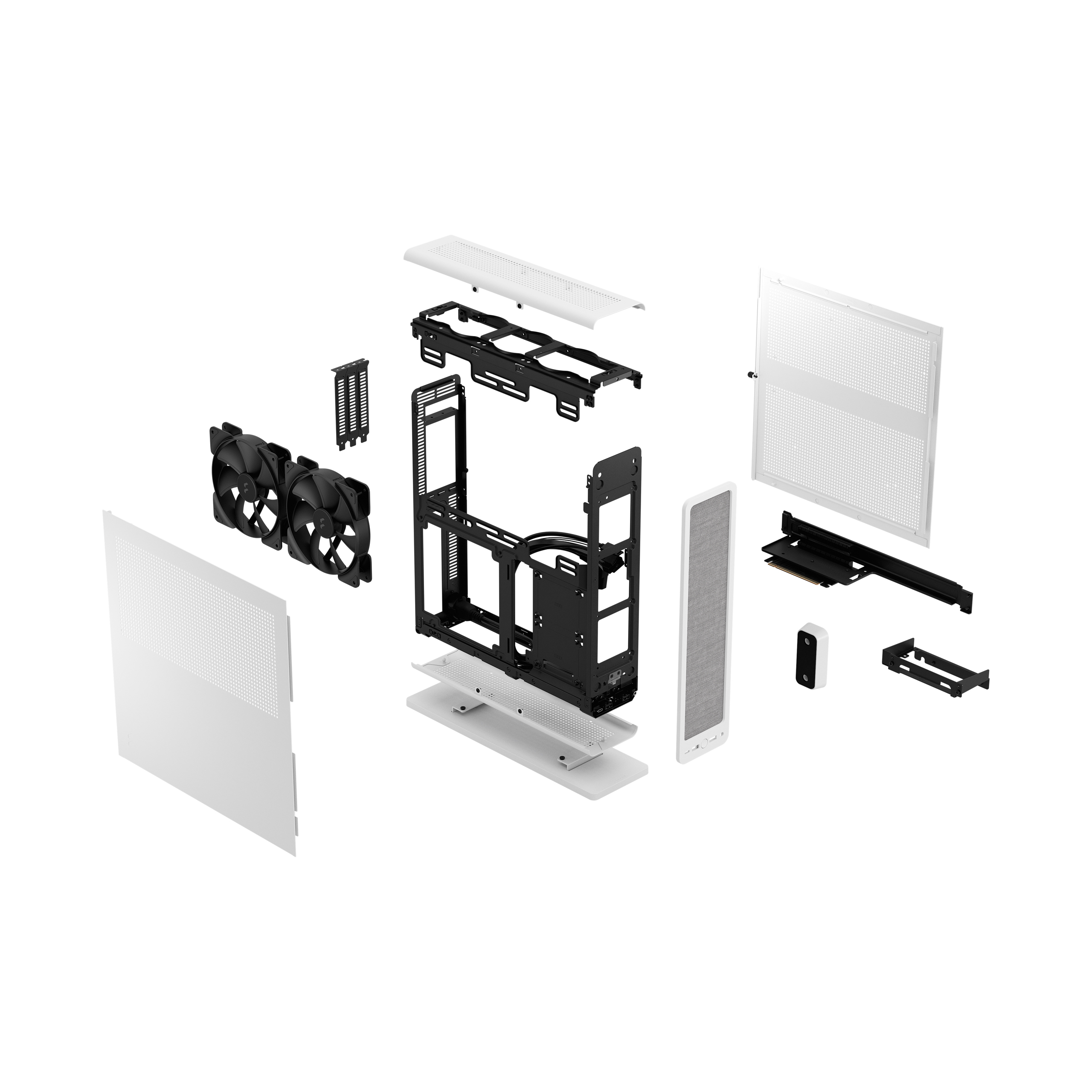 Disassembled computer case components. Includes panels, fans, a frame, and various internal parts.