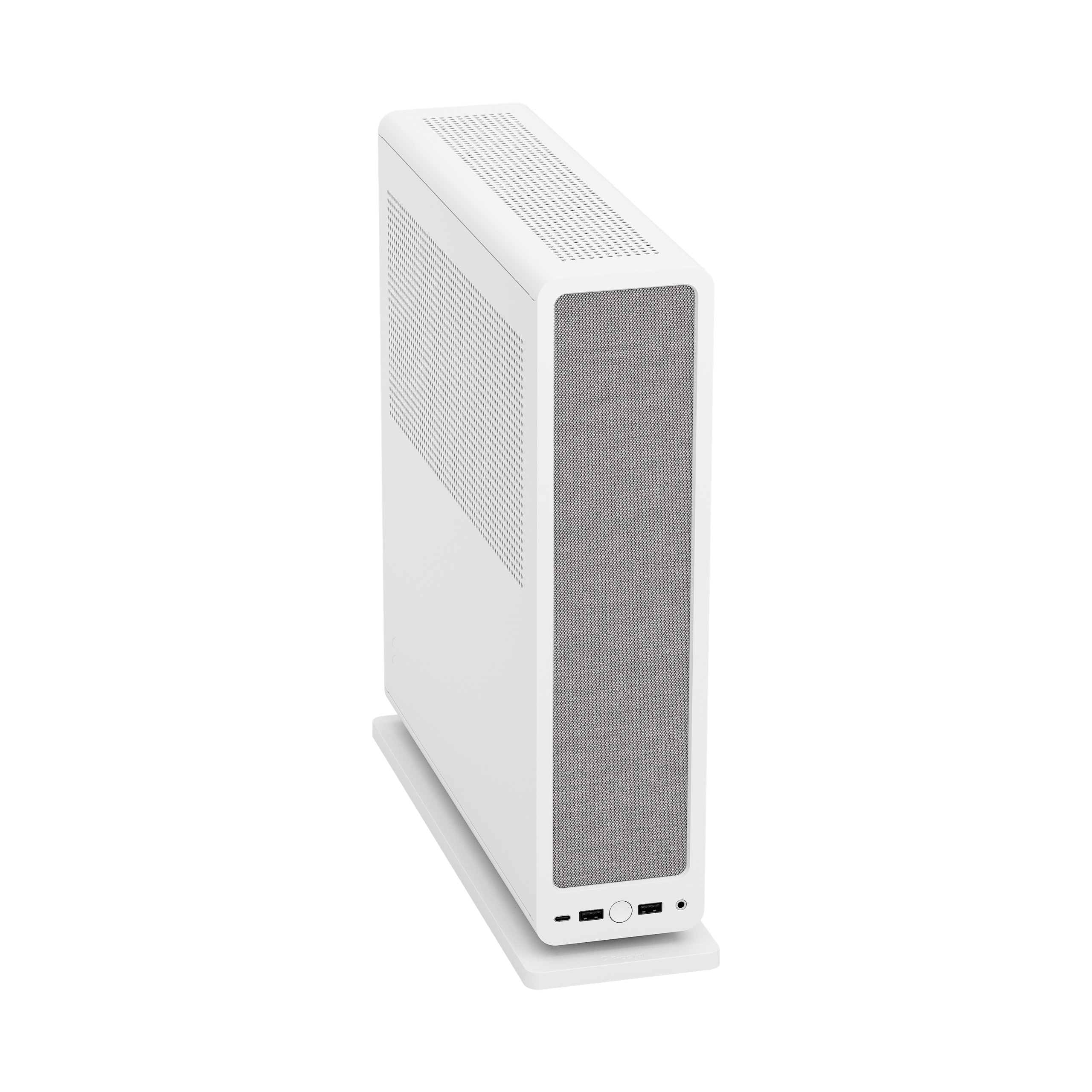 White, vertical computer case with a mesh front panel, sitting on a white stand.