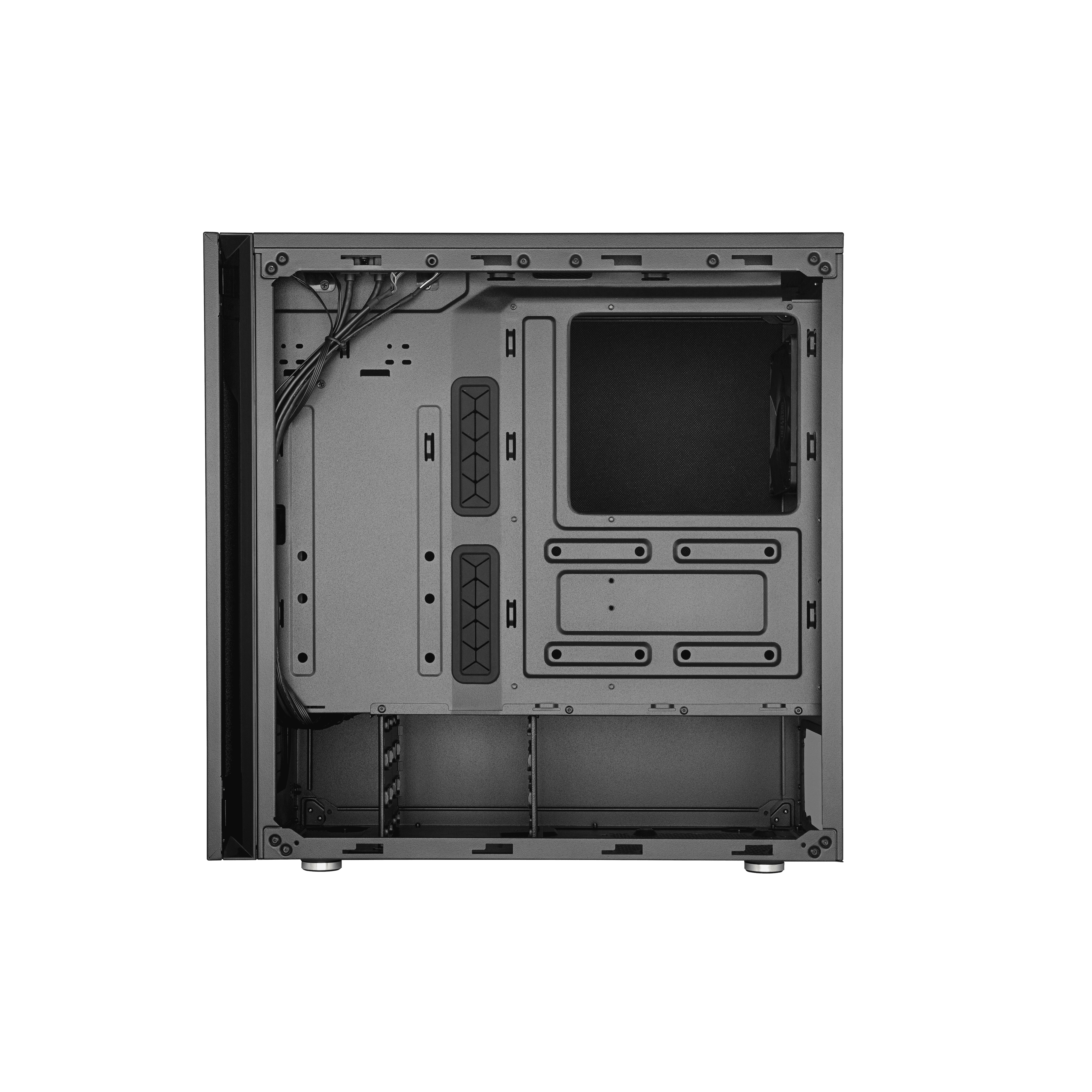 Un case di computer vuoto con interni scuri. Il case è nero e ha molte aperture.