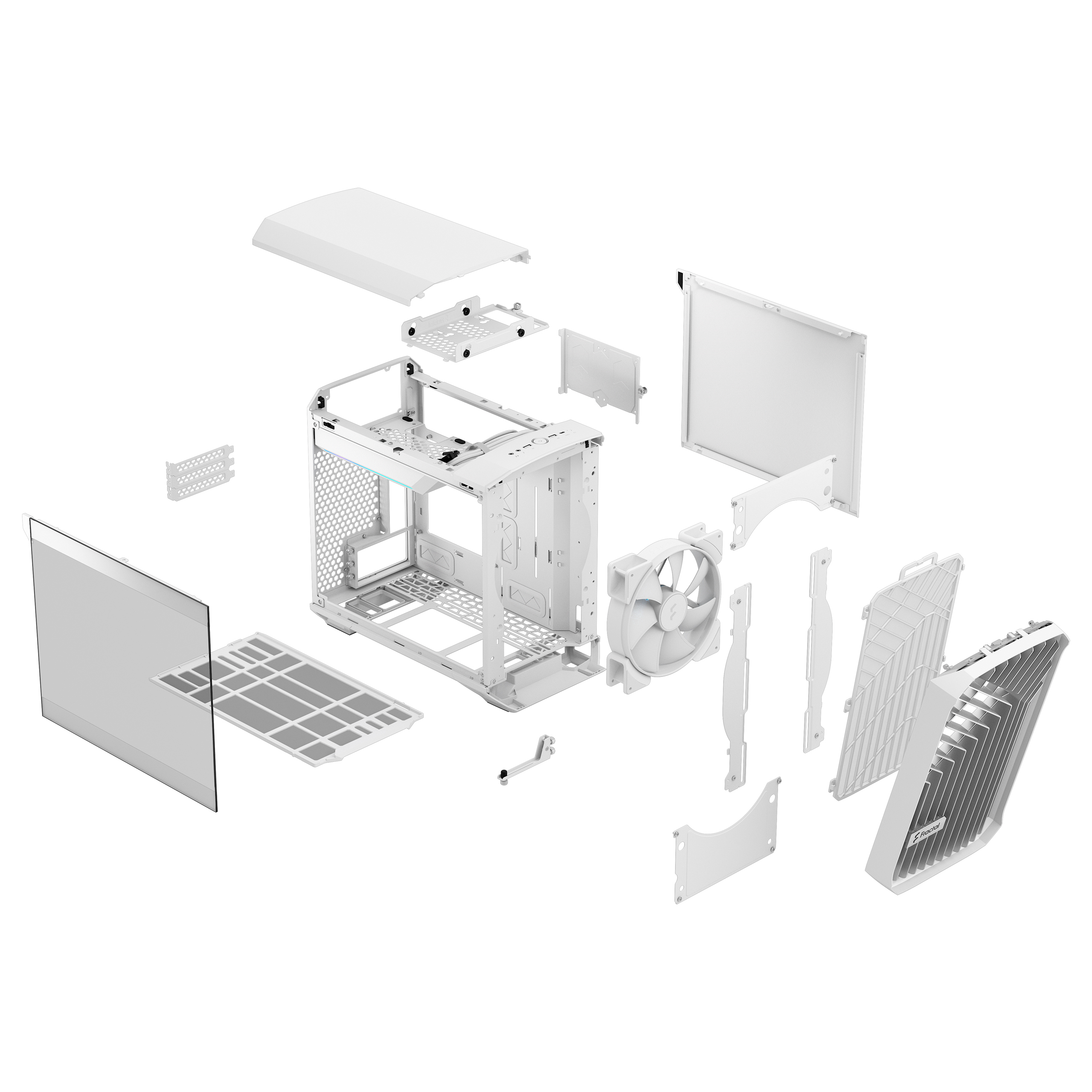 Vista esplosa del case del computer bianco che mostra i componenti interni, inclusi ventola e telaio.