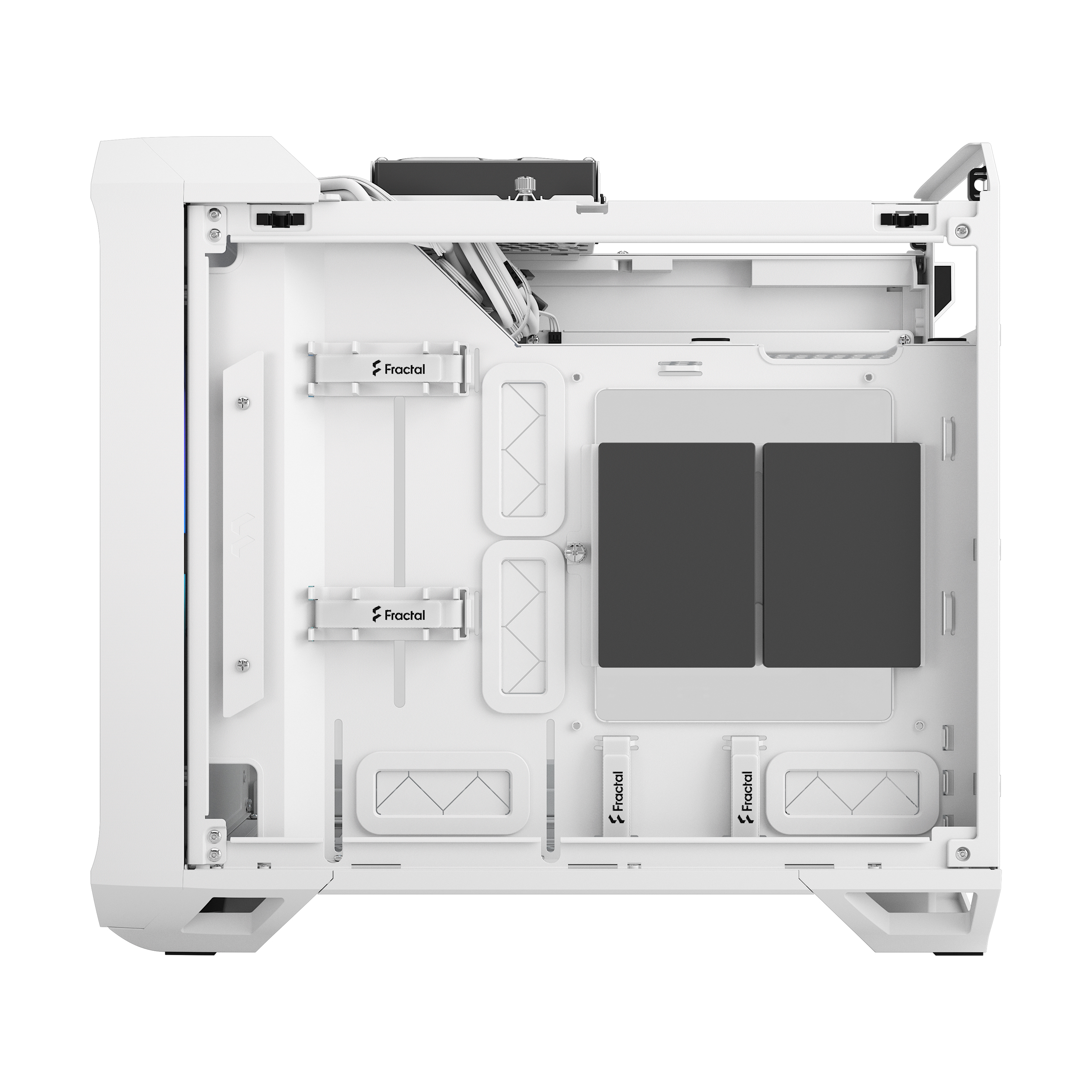 Interno del case del computer bianco. Mostra l'interno con componenti bianchi e neri.