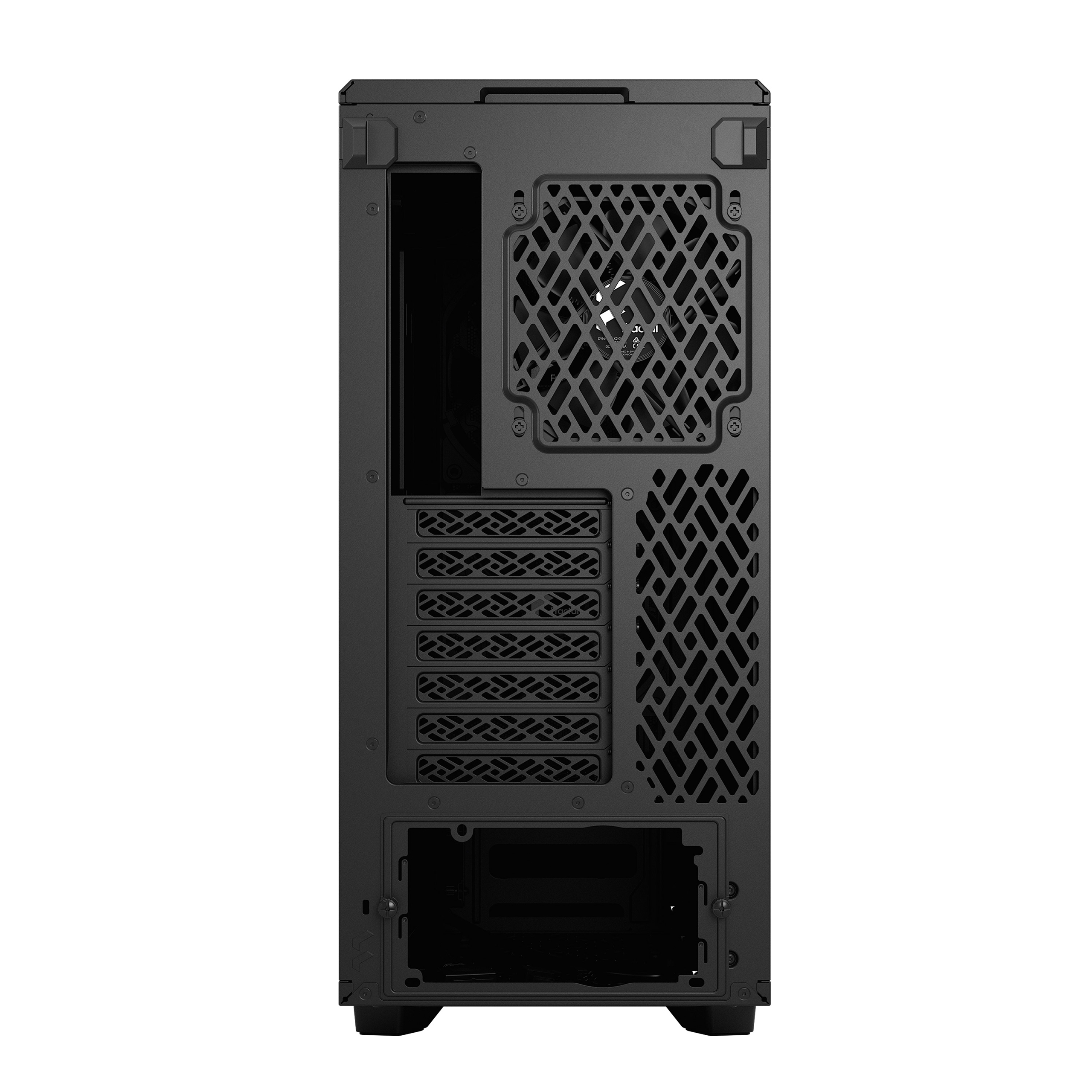Achterpaneel van een zwarte computerkast. Het heeft een mesh-ontwerp en diverse uitsparingen.