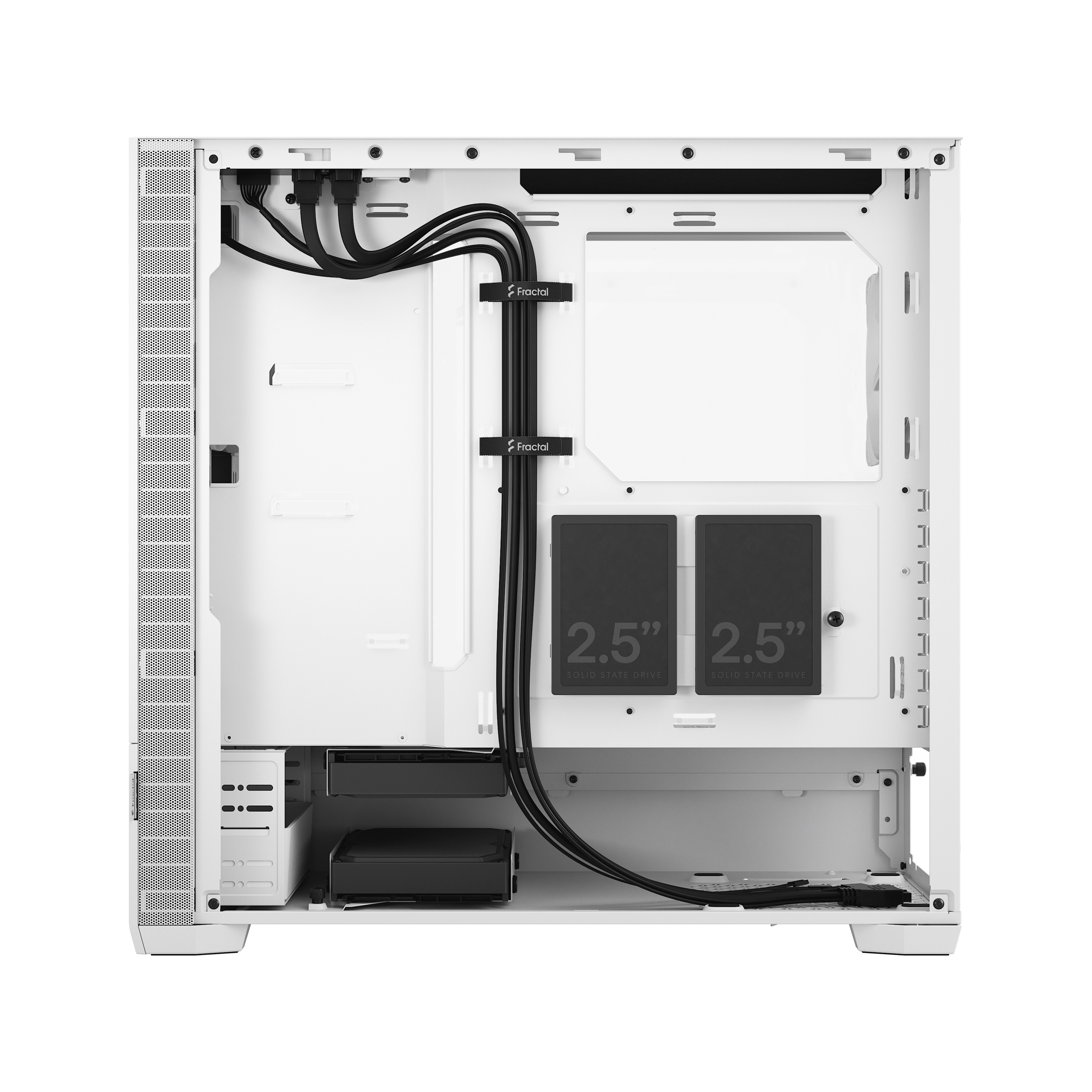 Interno di un case per computer bianco. Include la gestione dei cavi e spazi per SSD e altri componenti.