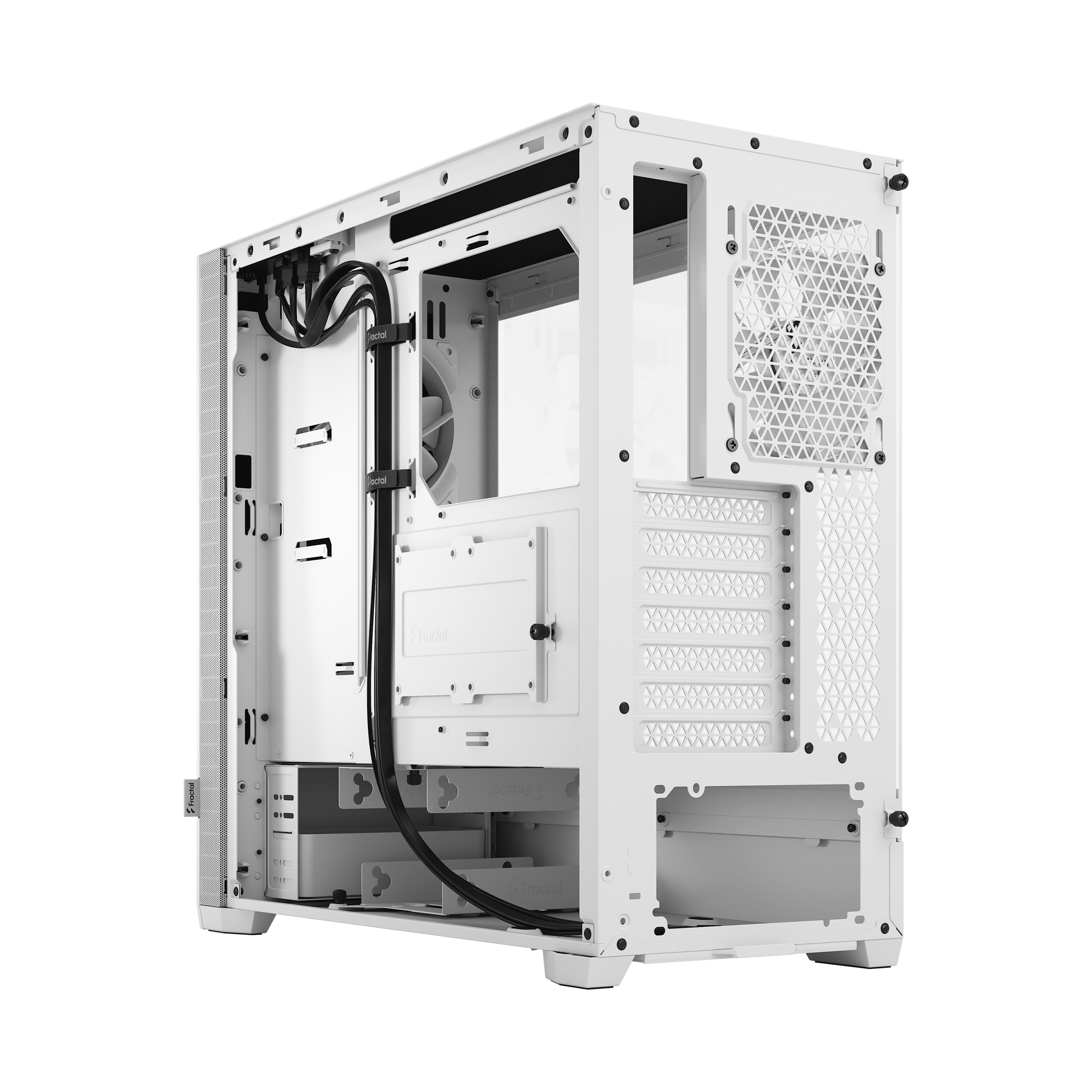 Case per computer bianco aperto, che mostra l'interno e i componenti.