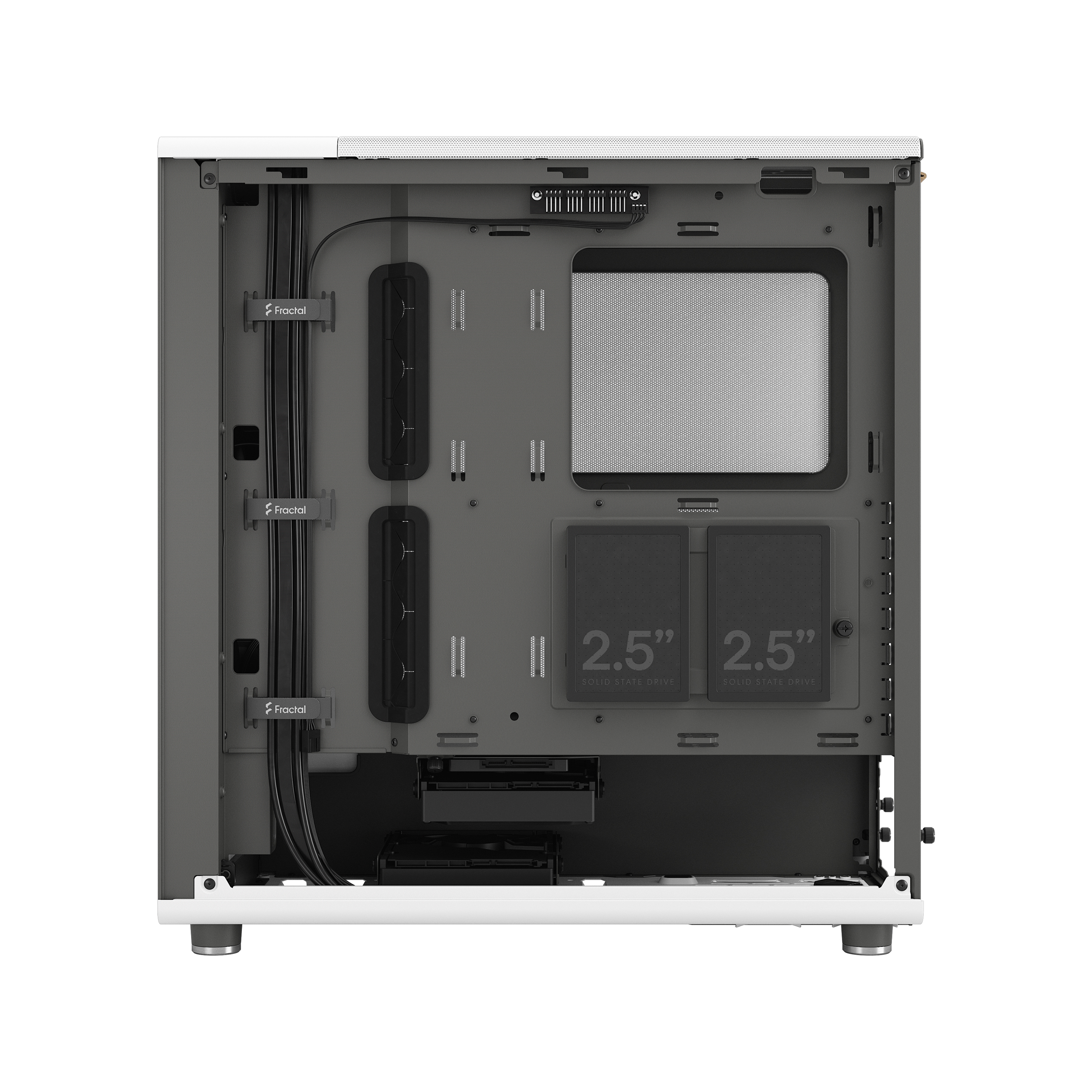A computer case with interior components visible: fans, drives, and cables.