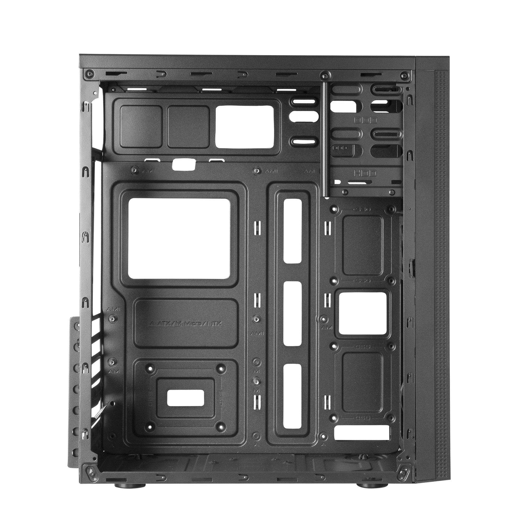 Interno di case PC nero. Spazi rettangolari per componenti visibili.