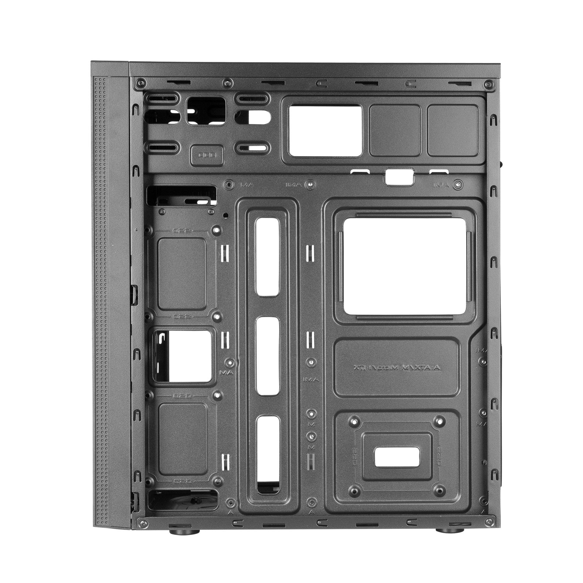 Interno di un case per computer nero vuoto, che mostra i punti di montaggio.