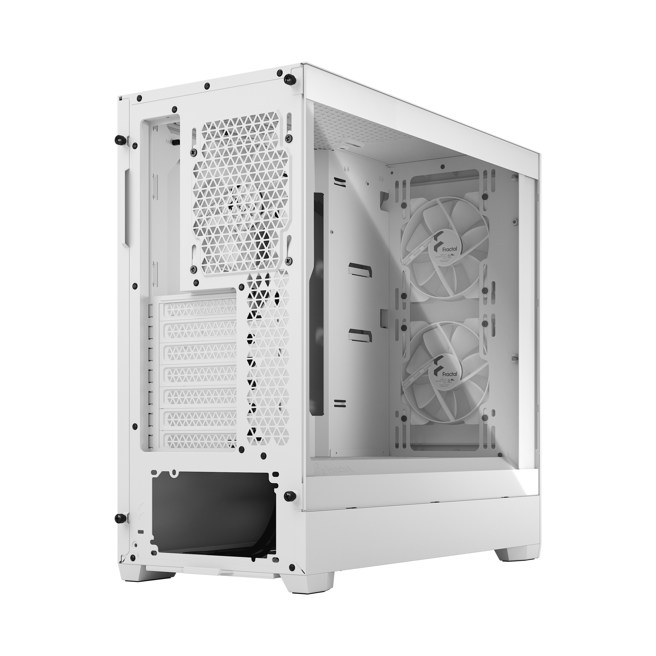 Case per computer bianco con due ventole visibili attraverso un pannello di vetro. Interno vuoto.