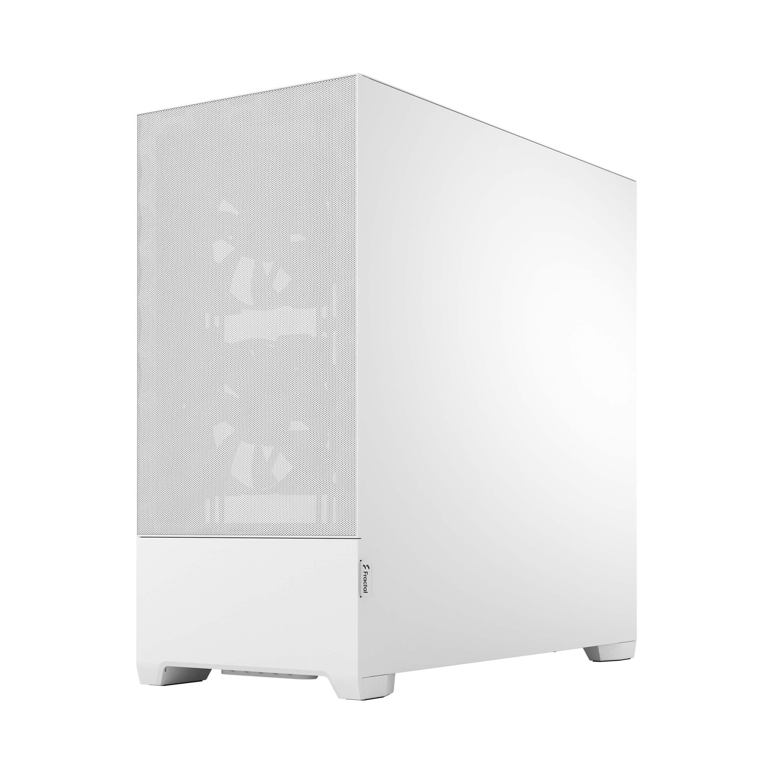 Case per computer bianco. Parte anteriore a rete, lato e parte superiore lisci. Design minimalista.