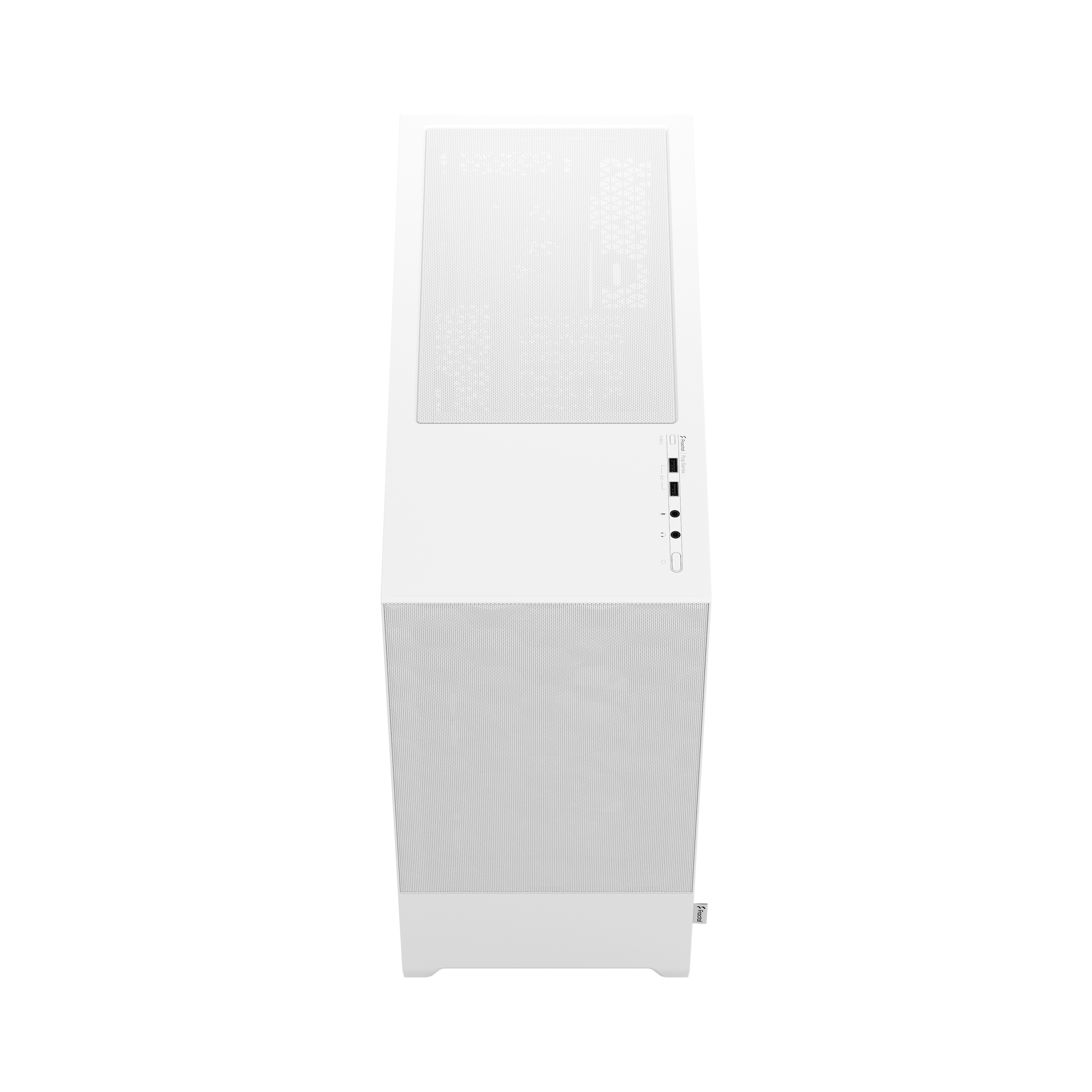 Parte anteriore di un case per computer bianco. Con porte USB e di alimentazione, e area a rete.