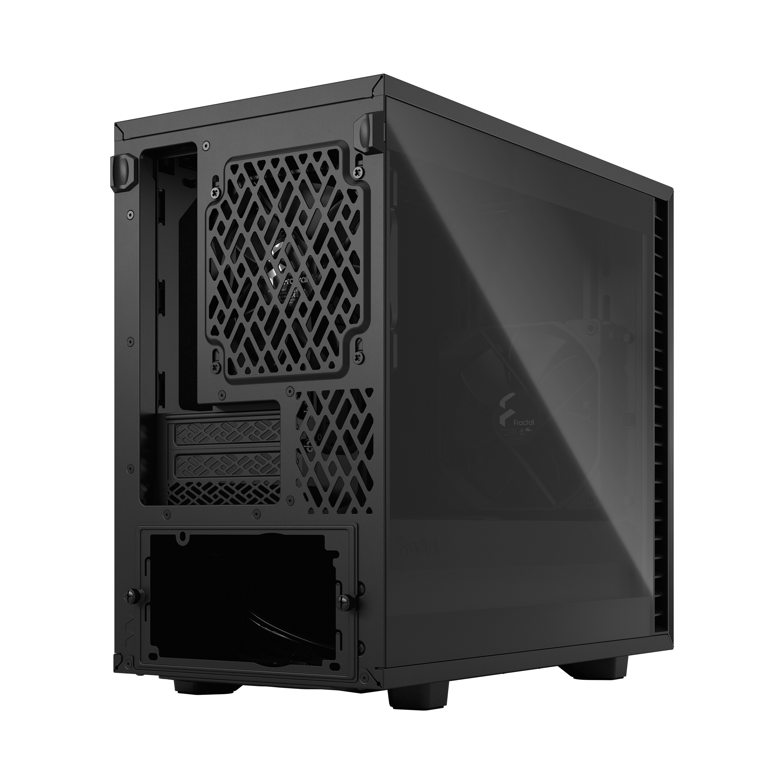Case per computer nero con pannello laterale in vetro e pannello posteriore a rete su sfondo bianco.
