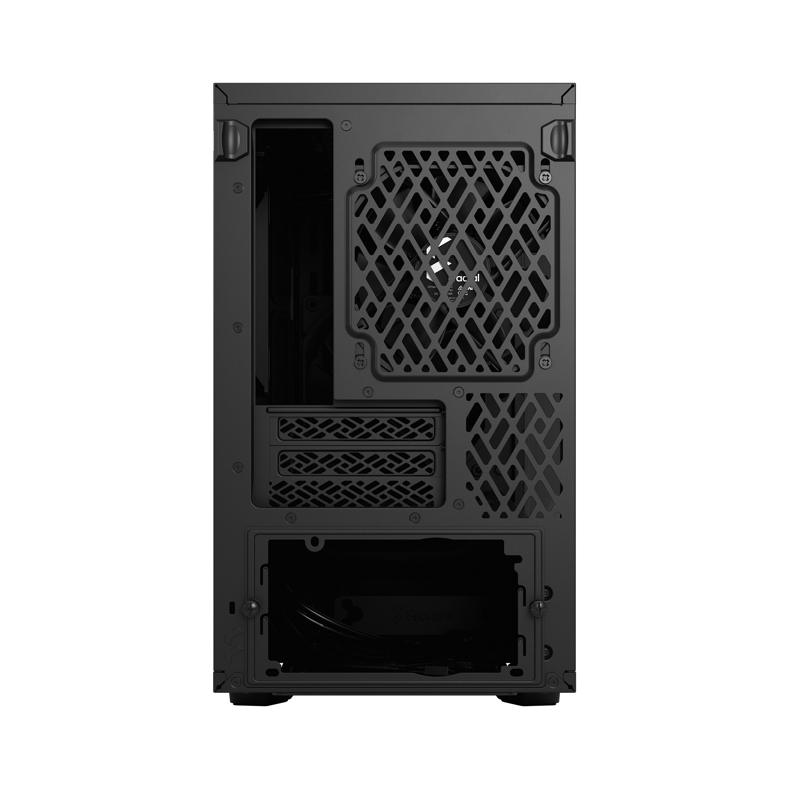 Vista posteriore di un case PC nero, che mostra i fori di ventilazione e la struttura interna.