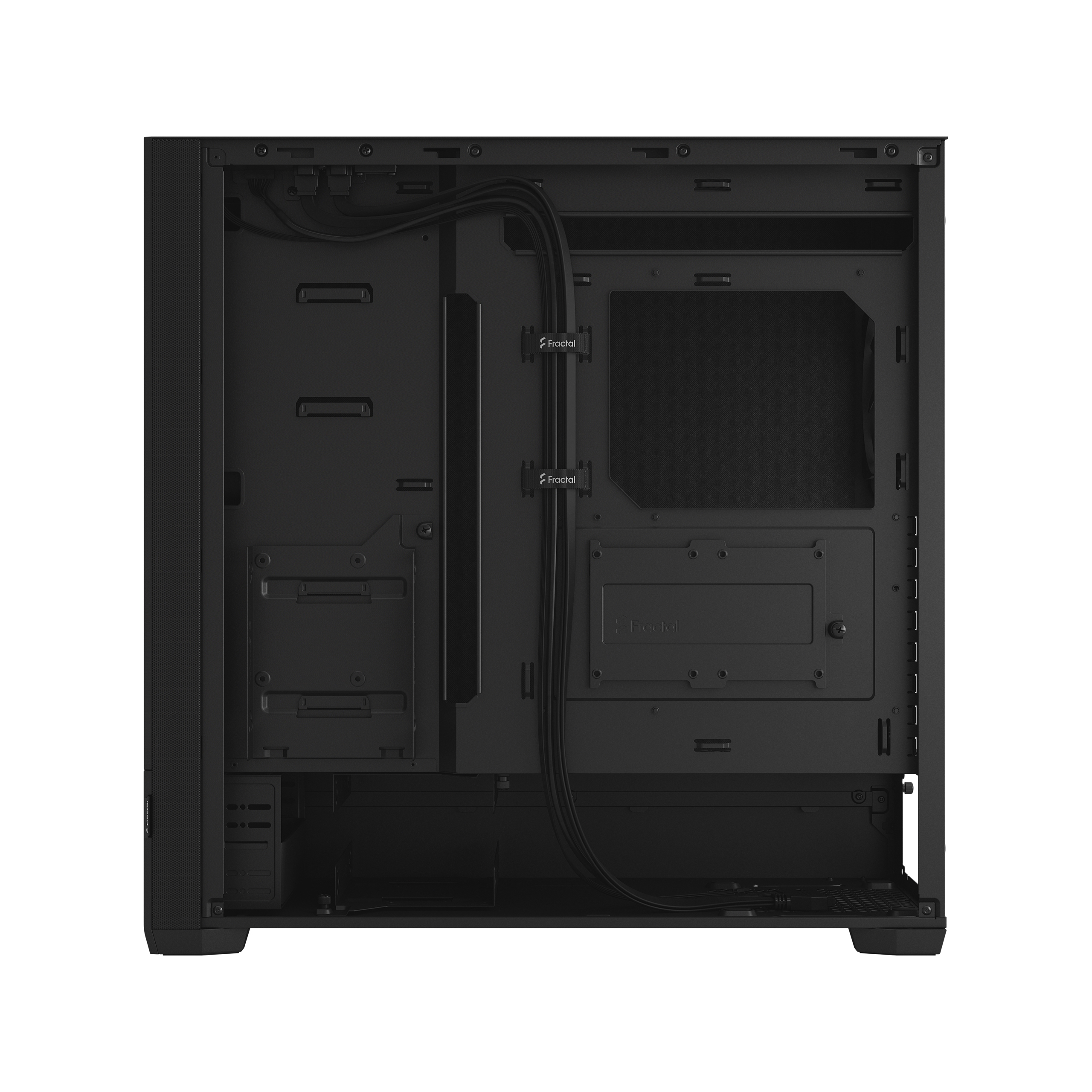 The rear of a computer case with a black interior and cable management features.