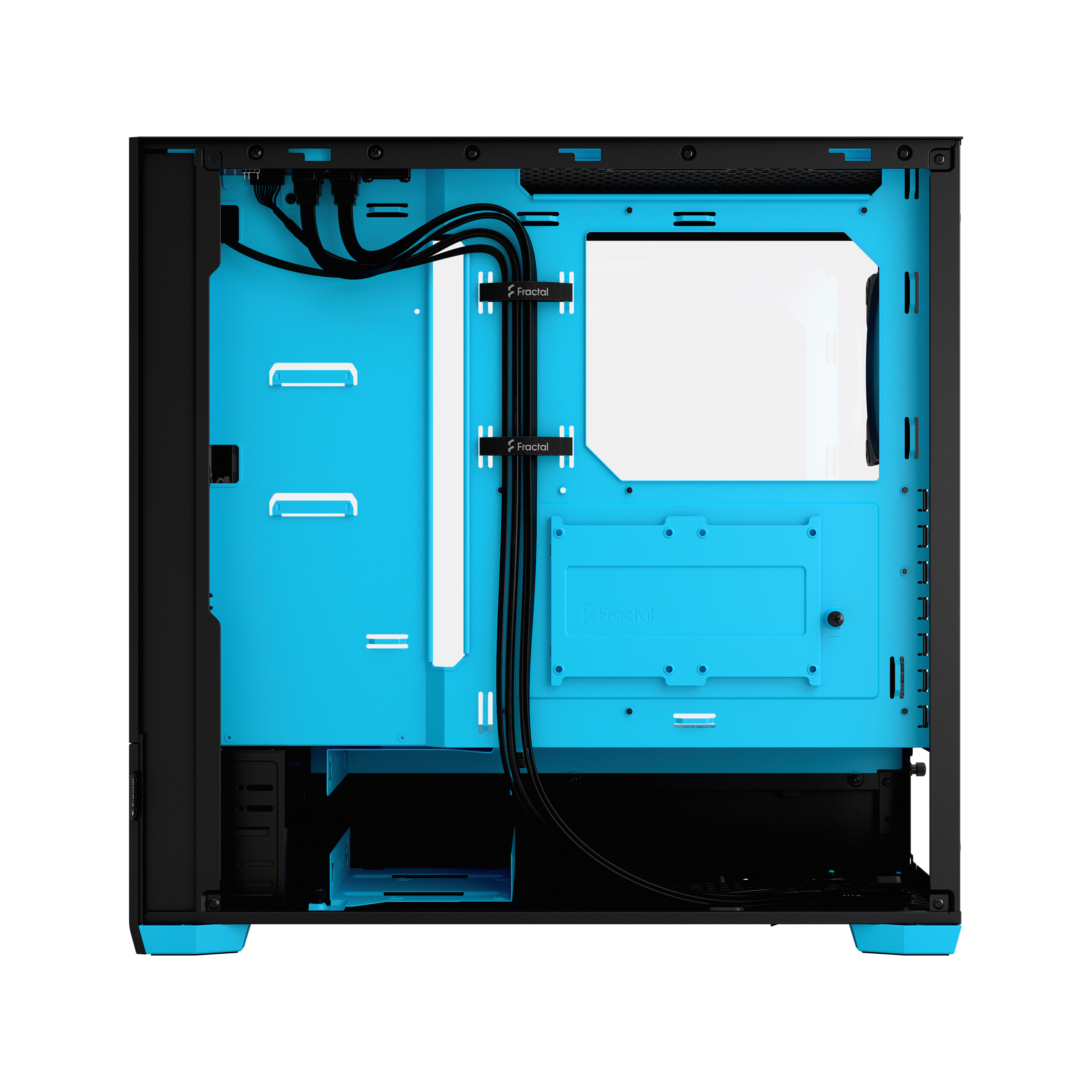 Interno del case del computer, schema di colori blu, che mostra l'area della scheda madre e le prese d'aria.