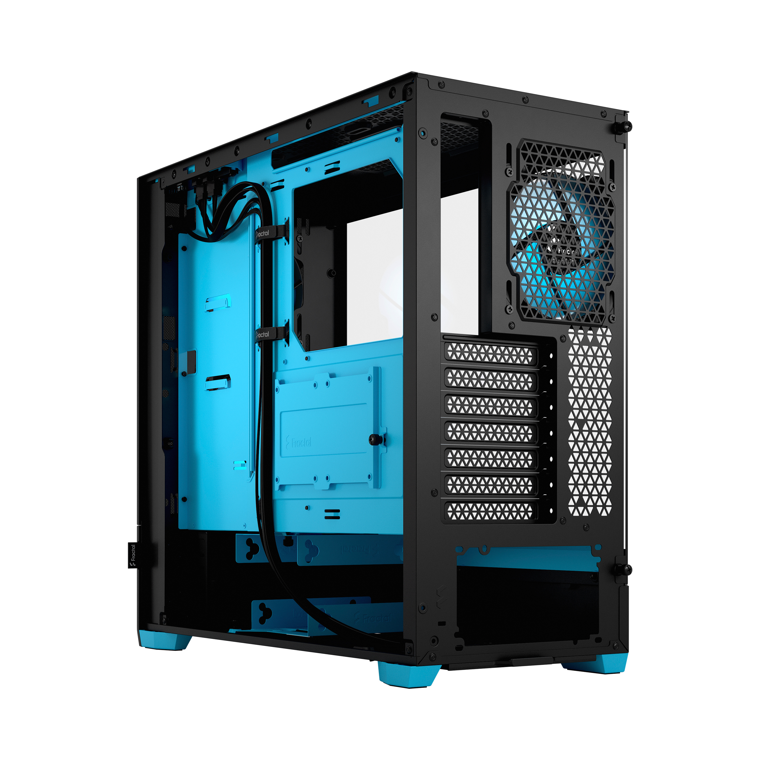 Case per computer nero e blu. Ha un interno blu con ventola ed esterno nero.