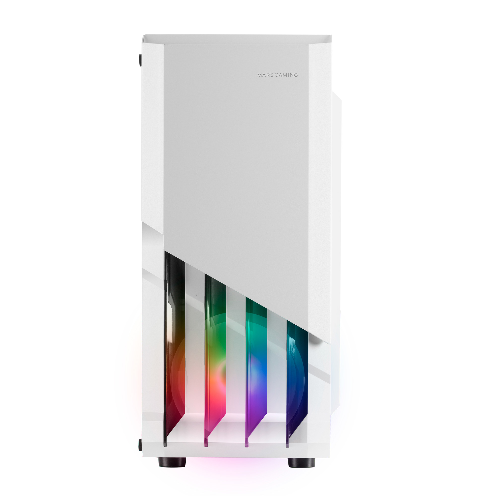 Vista frontale del case PC bianco. Contiene illuminazione RGB, un pannello a rete e il marchio MARS GAMING.