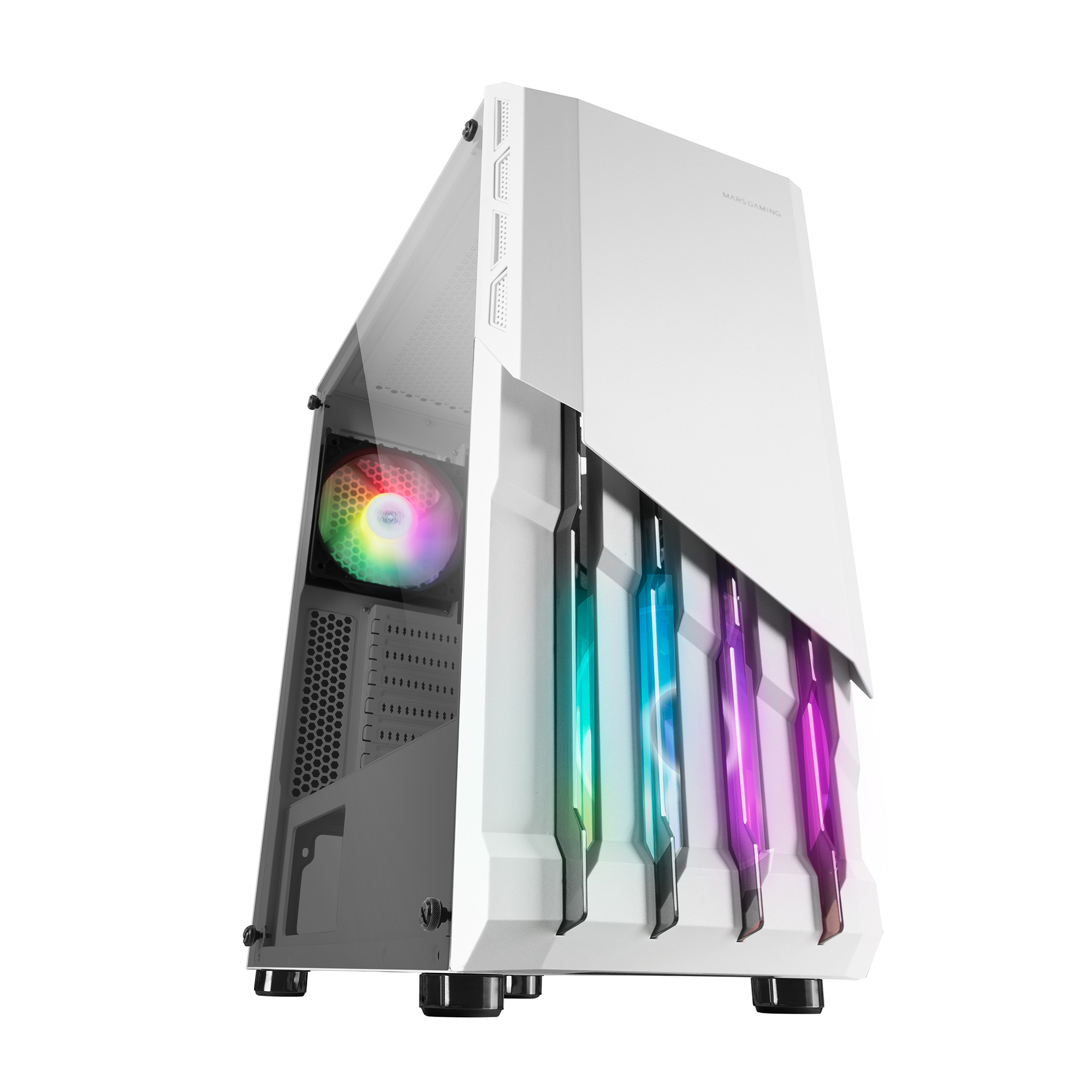 Case per PC bianco con luci arcobaleno. Ha un pannello laterale in vetro. Il logo Mars Gaming è visibile.