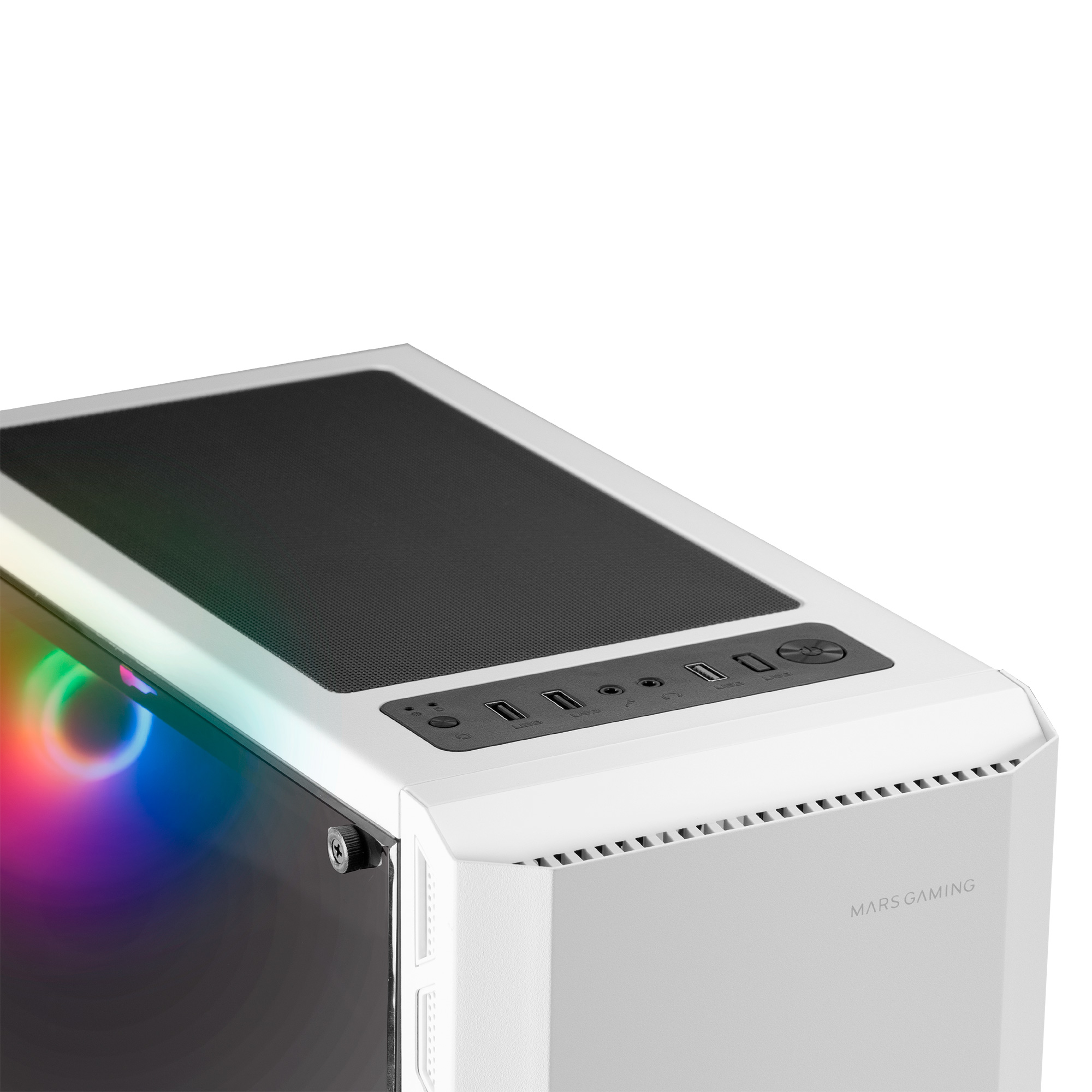 Parte superiore del case del computer bianco. Ha pulsanti di accensione, porte USB e ventilazione.