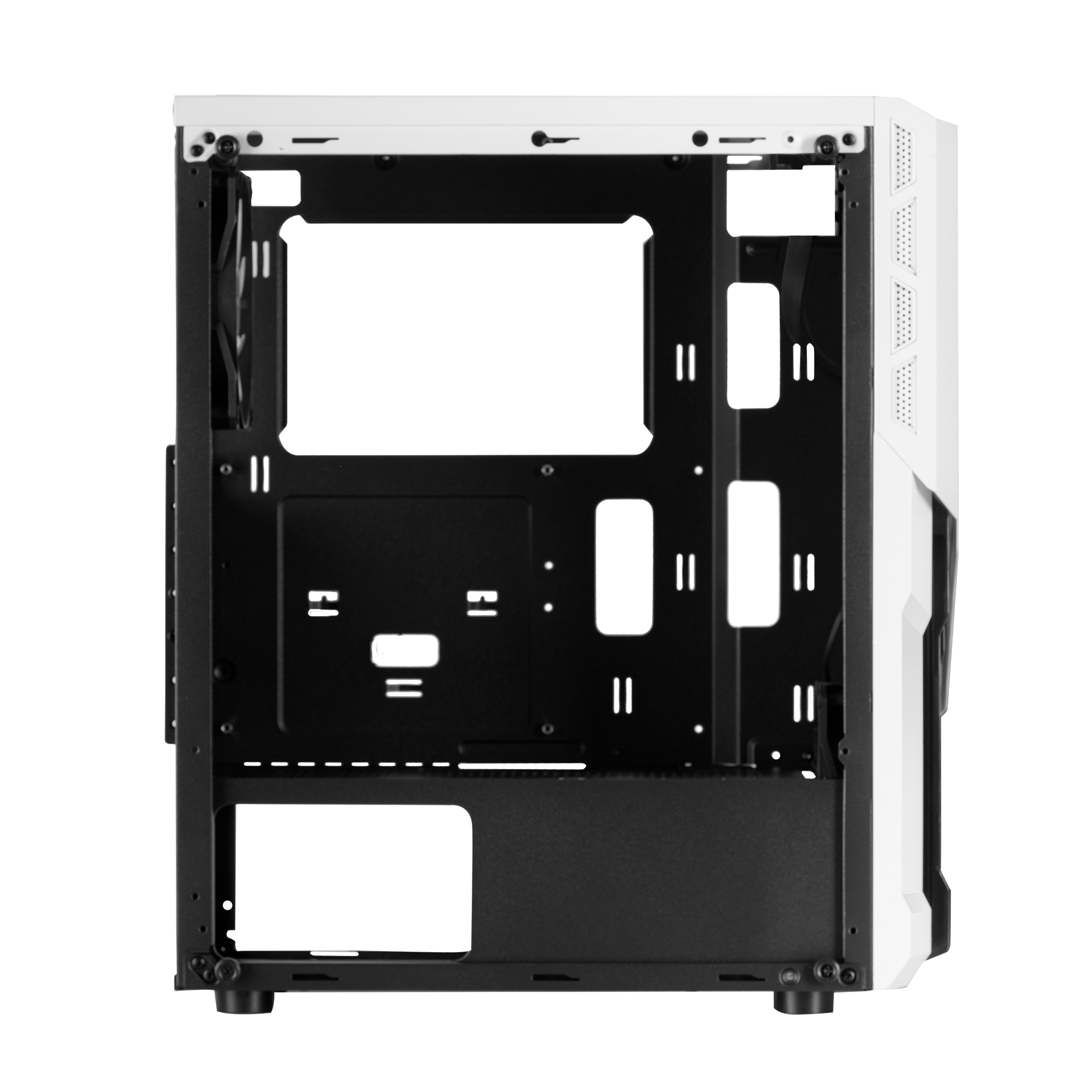 Case PC bianco, vista interna. Mostra vani vuoti, ventola posteriore e punti di montaggio.