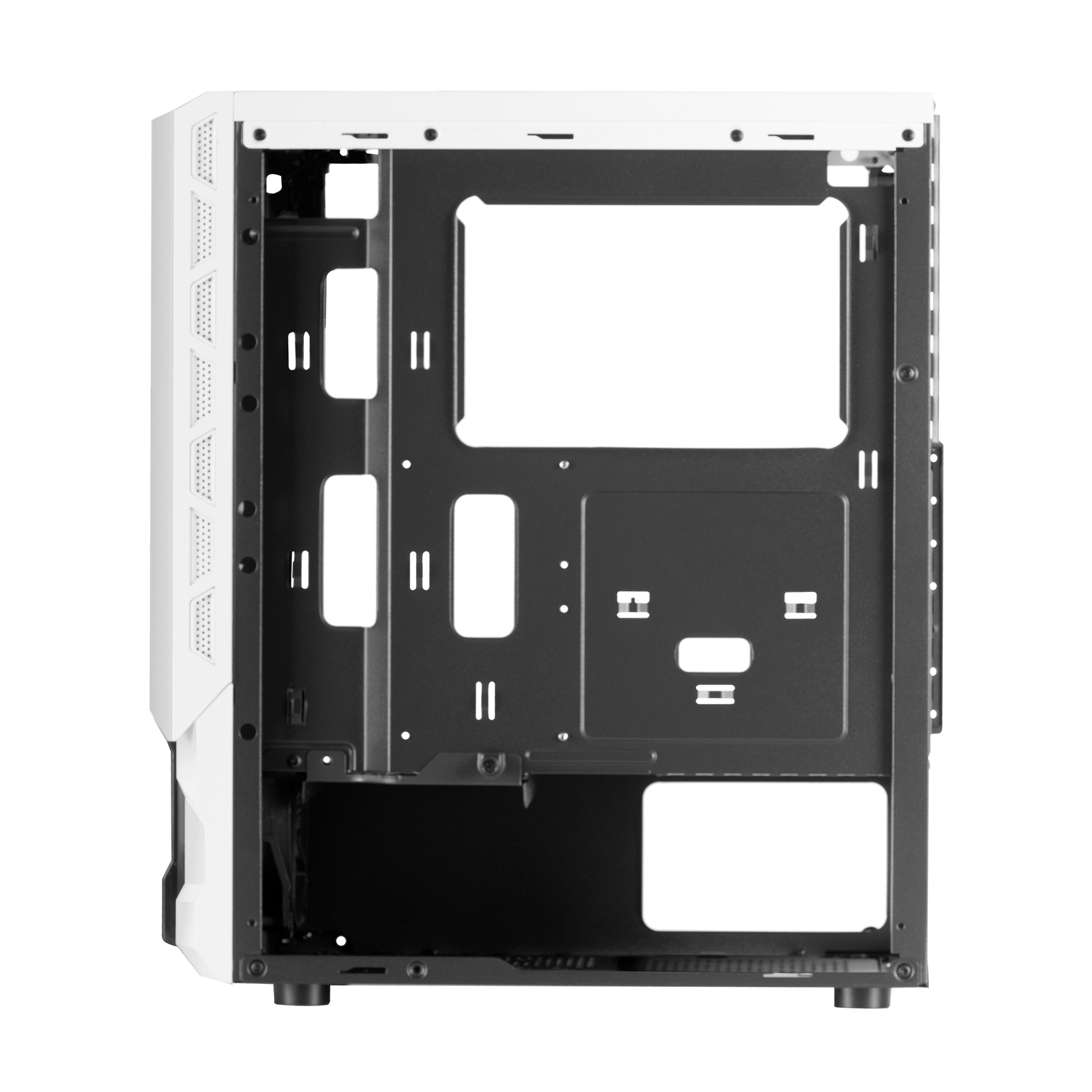 Telaio interno di un case per computer bianco. Mostra punti di montaggio e aperture per i componenti.