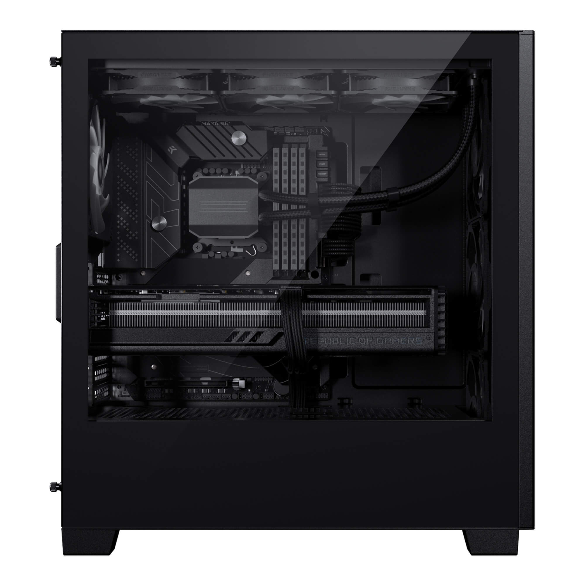 Intérieur de boîtier PC noir. Composants installés, dont un GPU et un refroidisseur CPU. Panneau latéral en verre.
