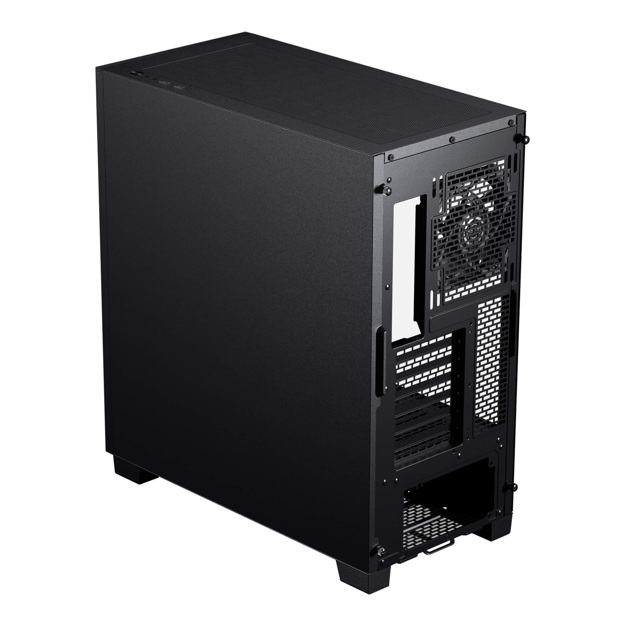 Vue latérale du boîtier PC noir. Panneau latéral en mesh et un ventilateur.