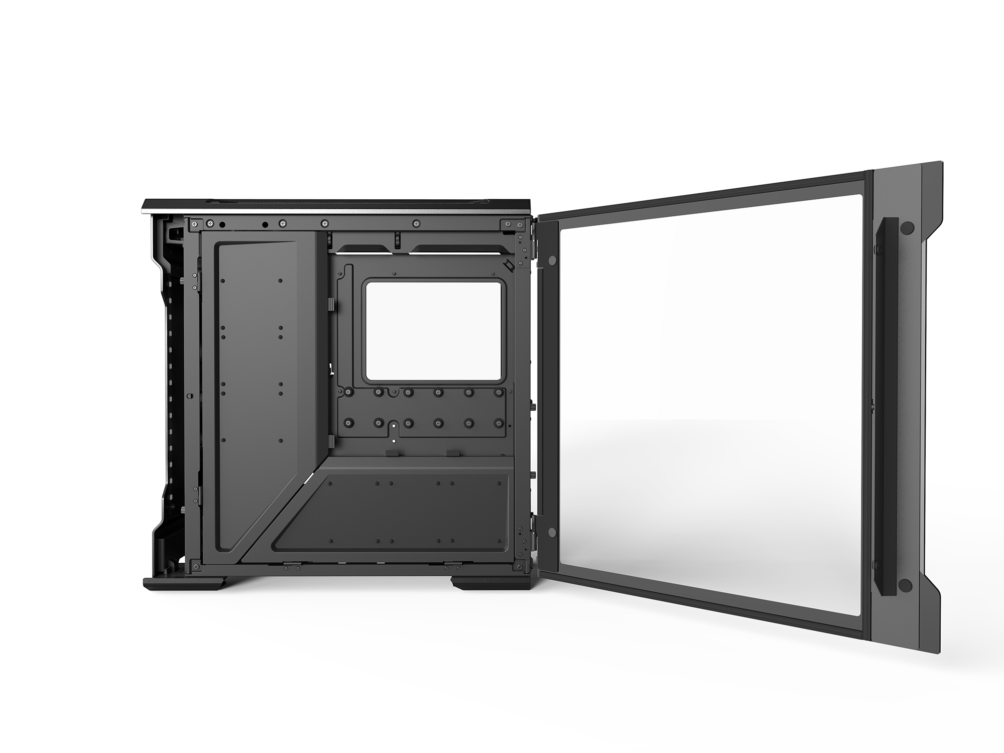 Obudowa komputera z otwartym szklanym panelem bocznym. Pokazuje wnętrze z komponentami.